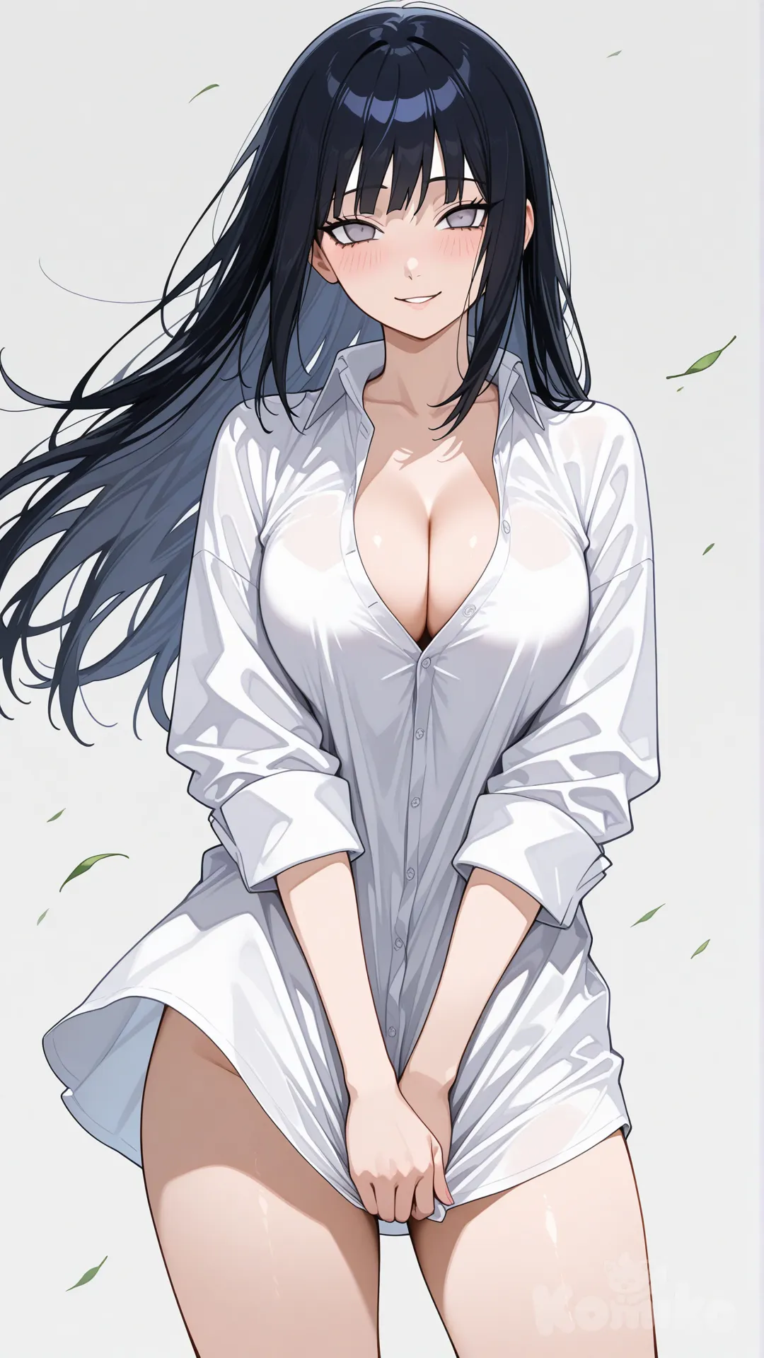 Naruto Shippuden, Hinata Hyuga with long, straight black hair flying lightly in the wind, perfect skin, a seductive gaze directed at the viewer, lips slightly parted with a shy, mischievous, and subtle smile, wearing ONLY an oversized white men's dress shirt as a dress, the shirt short enough to almost reveal her vulva, which she tries to hide by pulling the shirt down, revealing her inner thighs, no panties, no shorts or underwear visible, shirt unbuttoned at the first 3-4 buttons exposing her cleavage, large, deep breasts, and part of her breasts, long sleeves rolled up to her elbows, lightweight fabric. loose shirt