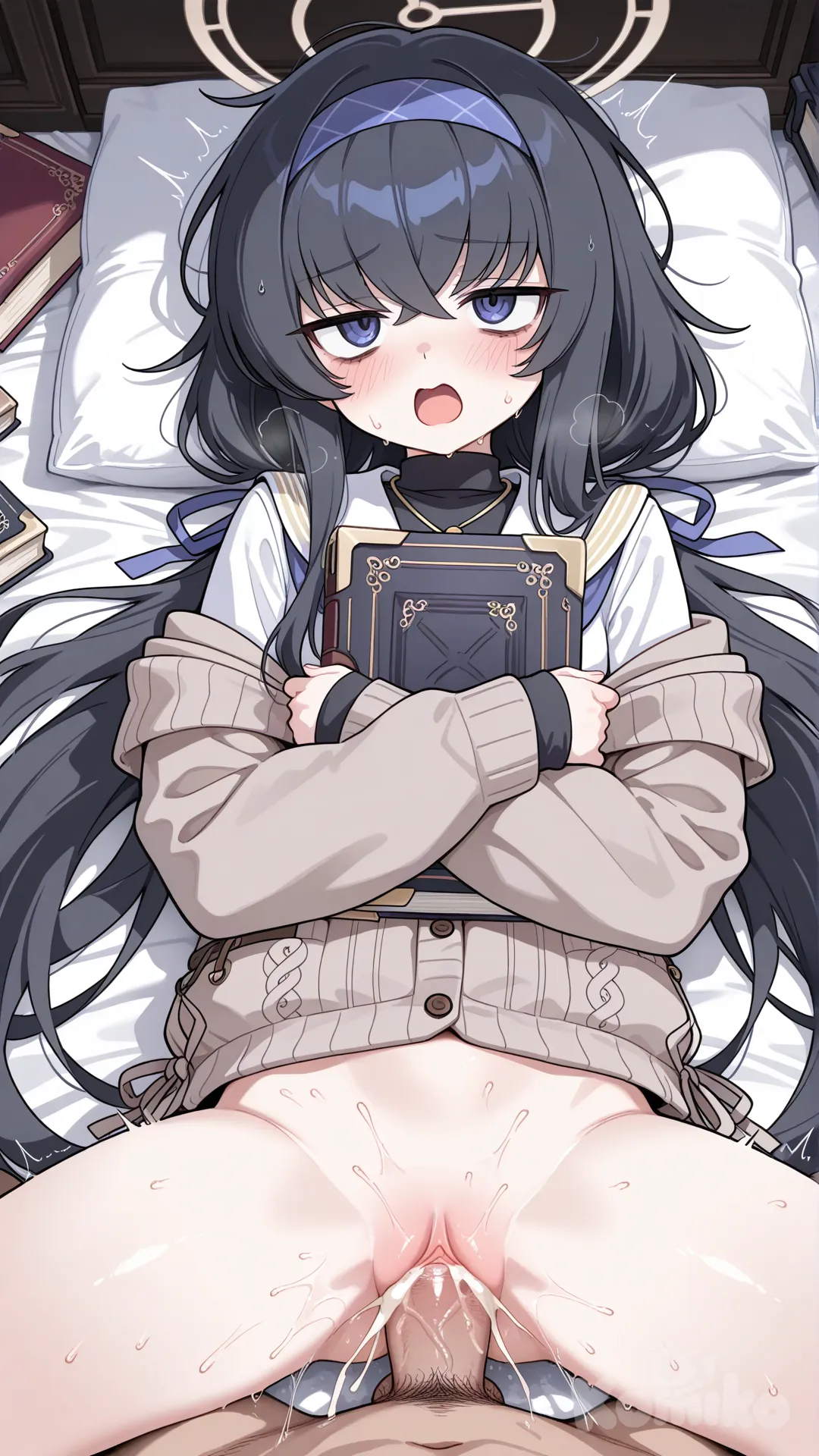Blue arquive, Ui, long hair, black hair, halo, missionary position, vagina sex, cum in pussy, hugging a book, blush, moaning, hard sex