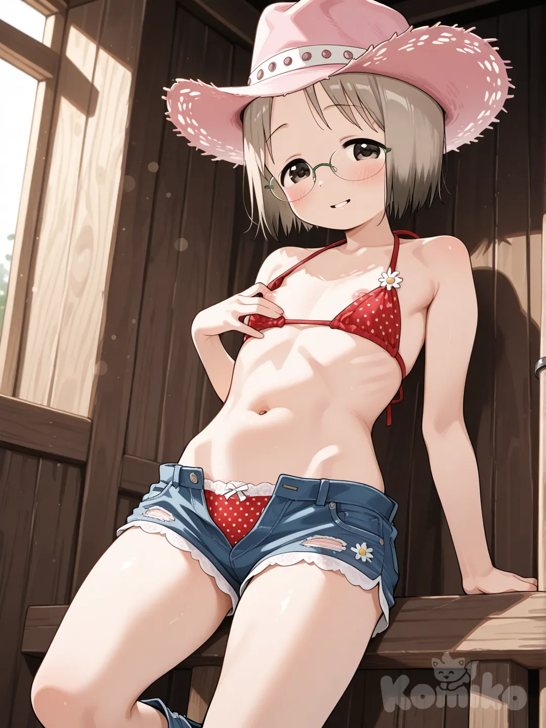 Ichigo Mashimaro, Sakuragi Matsuri, light brown hair, glasses, posing, loli, flatchest, in a sensual and provocative way leaning against an old wooden pole in a rustic barn or old farm, blurred background with aged wood elements and soft natural daylight. She wears a pink straw cowboy hat with pearl details, a red polka dot bikini halter top tied at the neck and back, Pulling down one side of her bikini and showing her breasts., unbuttoned short blue daisy duke jeans pulled down, lowered to the knees, revealing delicate white lace underwear, one hand adjusting the top on her chest and the other on the shorts, confident and seductive facial expression with parted lips, curvy and toned body, warm and natural lighting, anatomically perfect hands