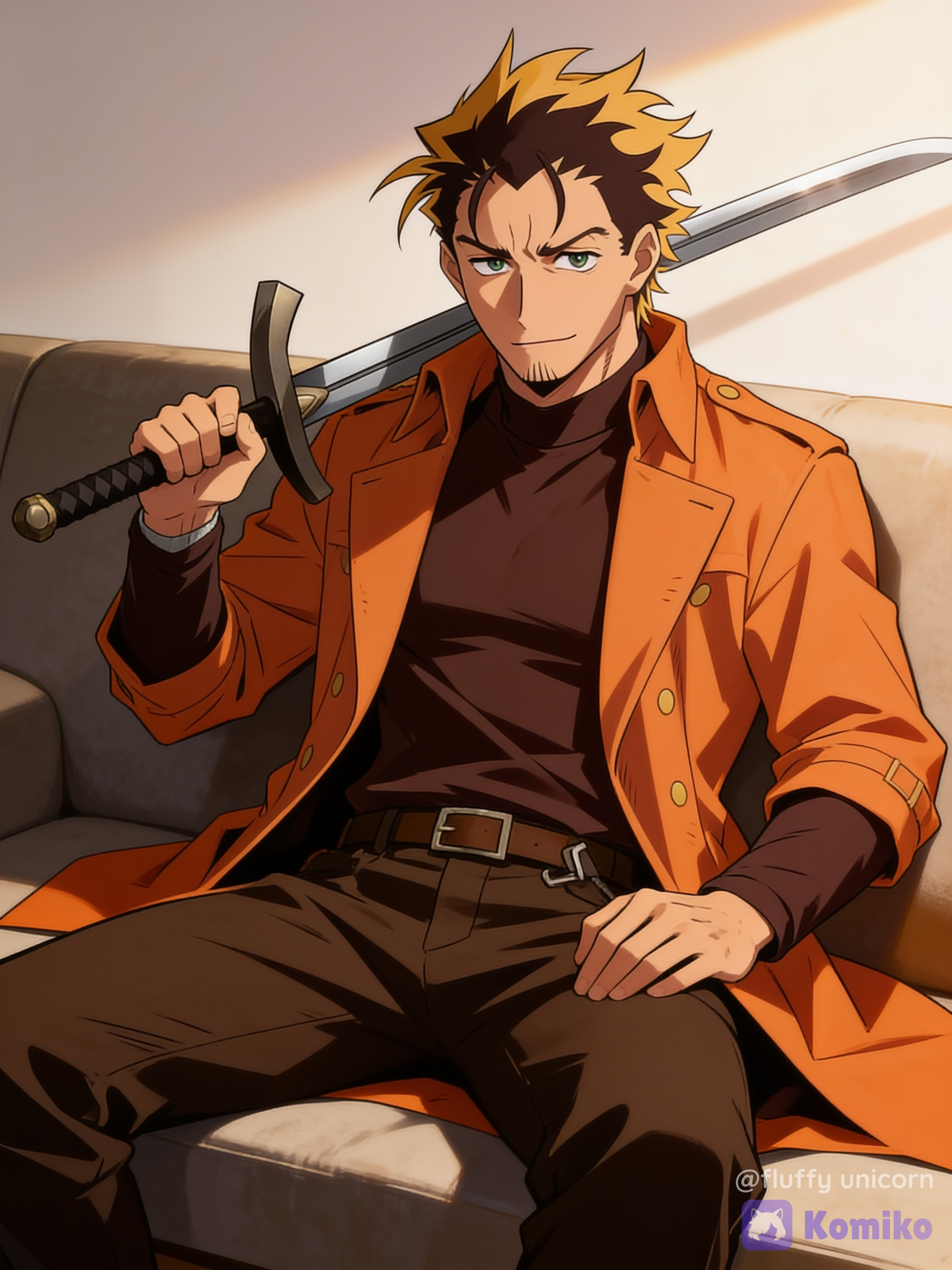 Male, solo focus, 8k HD, dark hair with sandy-yellow highlight, orange trench coat, brown undershirt, brown pants, brown belt, holding a sword, on a couch, looking at the viewer, cinematic action based lighting, soft background, muscular male, wallpaper aesthetic, anime style, full body, long sleeves.