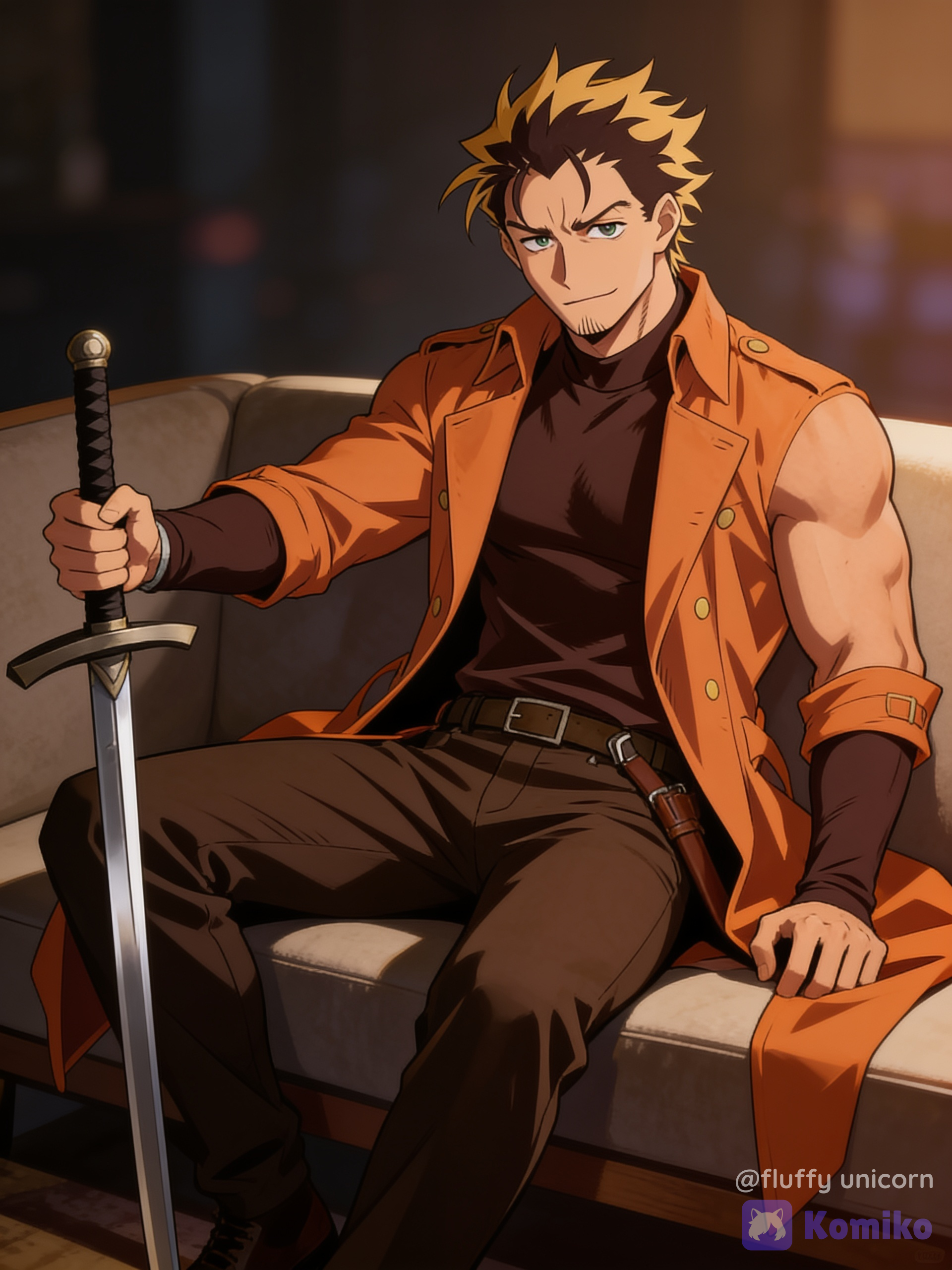 Male, solo focus, 8k HD, dark hair with sandy-yellow highlight, orange trench coat on the couch, brown undershirt, brown pants, brown belt, holding a sword, on a couch, looking at the viewer, cinematic romantic based lighting, soft background, muscular male, wallpaper aesthetic, anime style, full body, long sleeves, defined muscles.