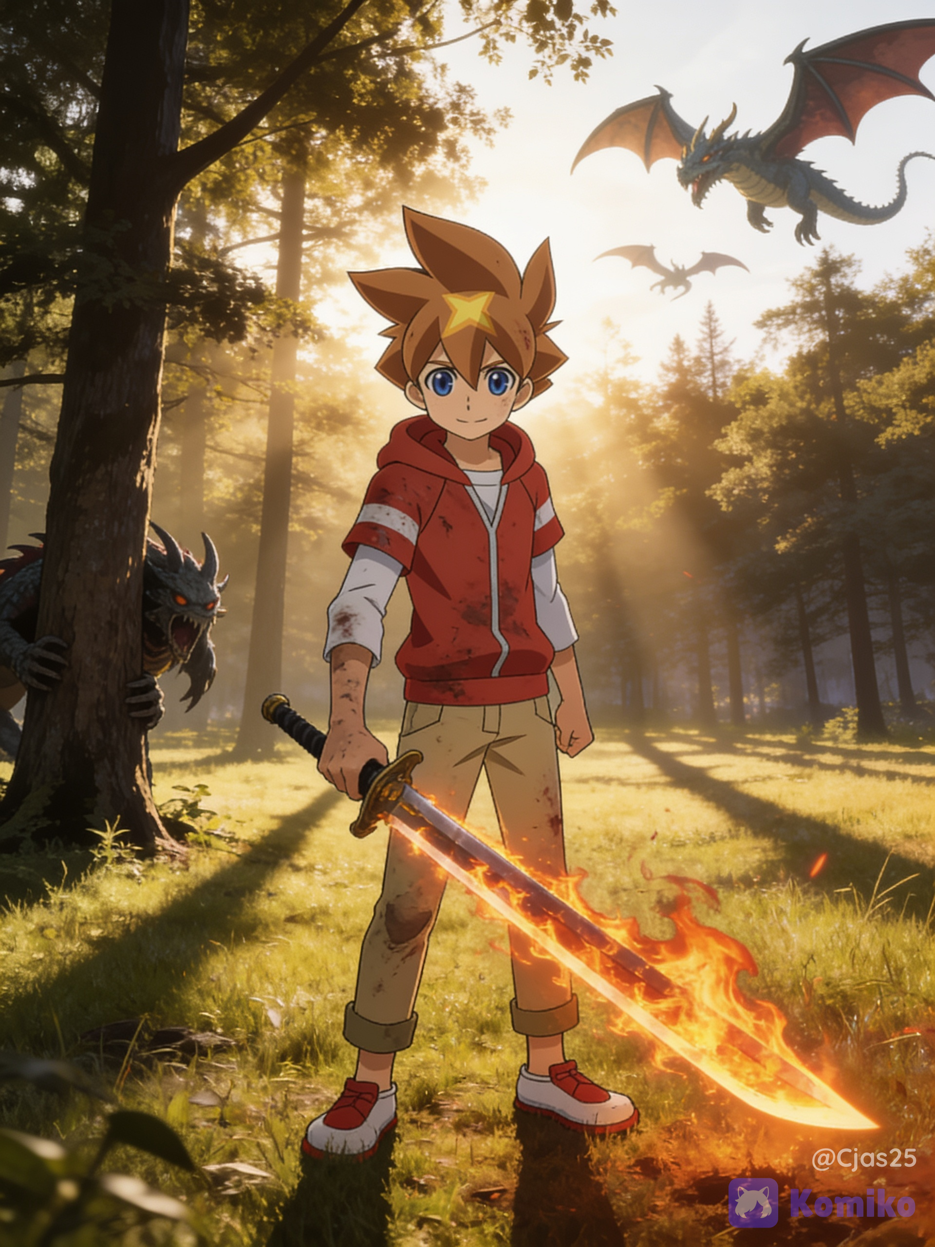 @ace-hH9K HD quality 8K, light brown hair with a yellow mesh/streaks, battle damage, cinematic and dramatic lighting, in a field with lots of trees, dragons flying in background, tan light brown pants, white shirt long sleeve with blue line streaks across, red jacket short sleeve with one white streak on each sleeve, looking at the viewer, monster hiding behind tree, holding a sword with blade made of fire.