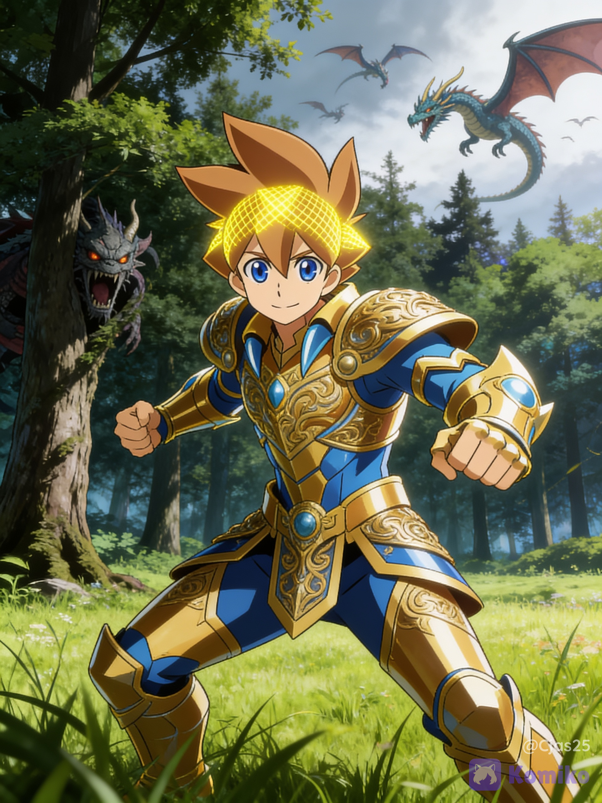 @ace-hH9K HD quality 8K, light brown hair with a yellow mesh/streaks, battle ready, cinematic and dramatic lighting, in a field with lots of trees, dragons flying in background, wearing armor, looking at the viewer, monster hiding behind tree, anime style, anime style background.