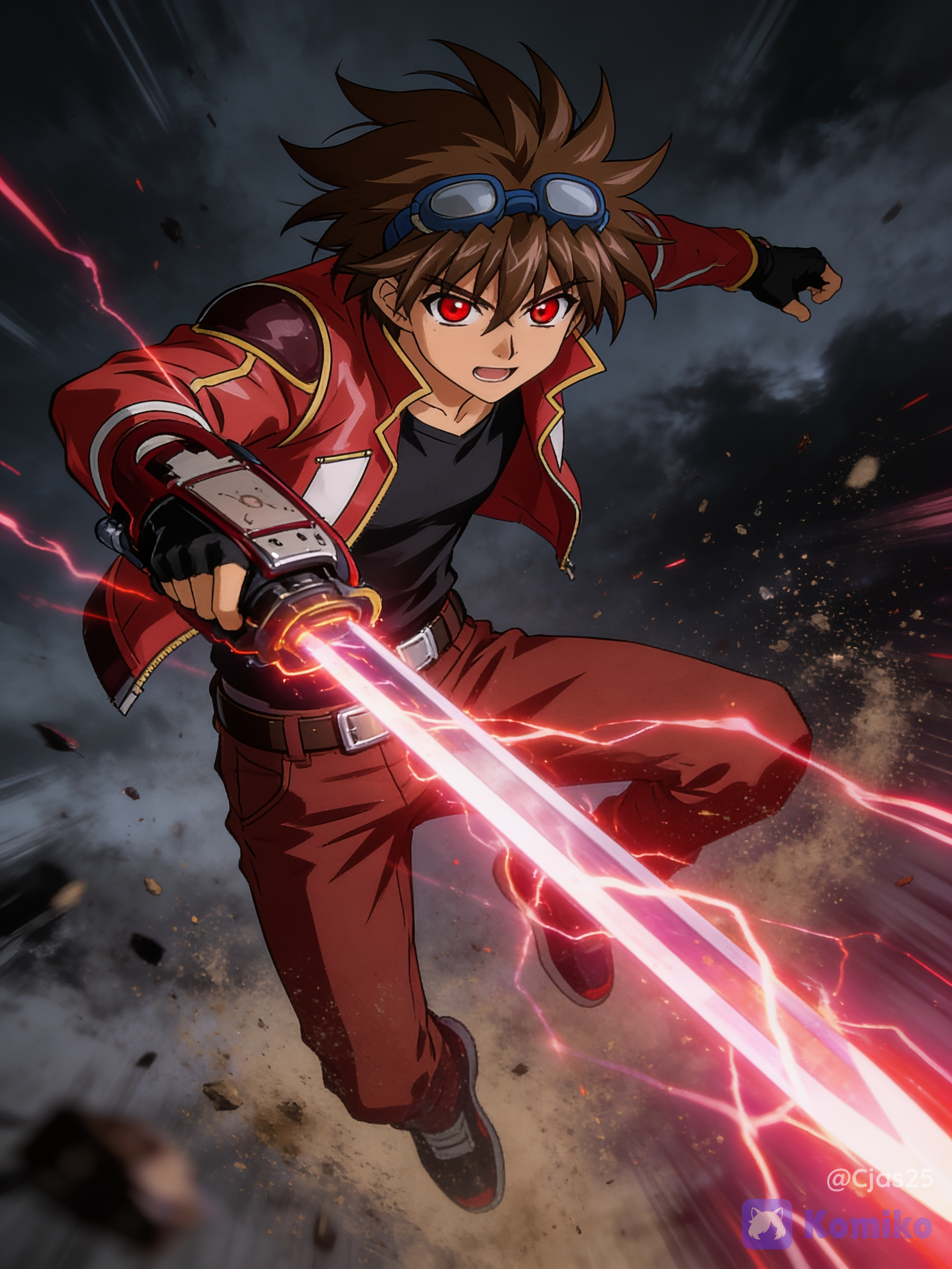 ultra-anime digital art. A young lone male warrior in mid-air performing an aggressive downward slash with a plasma sword coming from the gauntlet attached to the wrist. The sword emits reddish pink energy arcs. He has brown hair with blueish goggles on top of head, crimson red eyes, red leather jacket, black undershirt, reddish brown pants, dark brown belt with silver buckle, black fingerless gloves, full body, slim toned body, and an intense determined expression. Dynamic action angle, dust and debris flying, motion blur, dark stormy background with dark particles. Cinematic lighting, dramatic shadows, 8k resolution