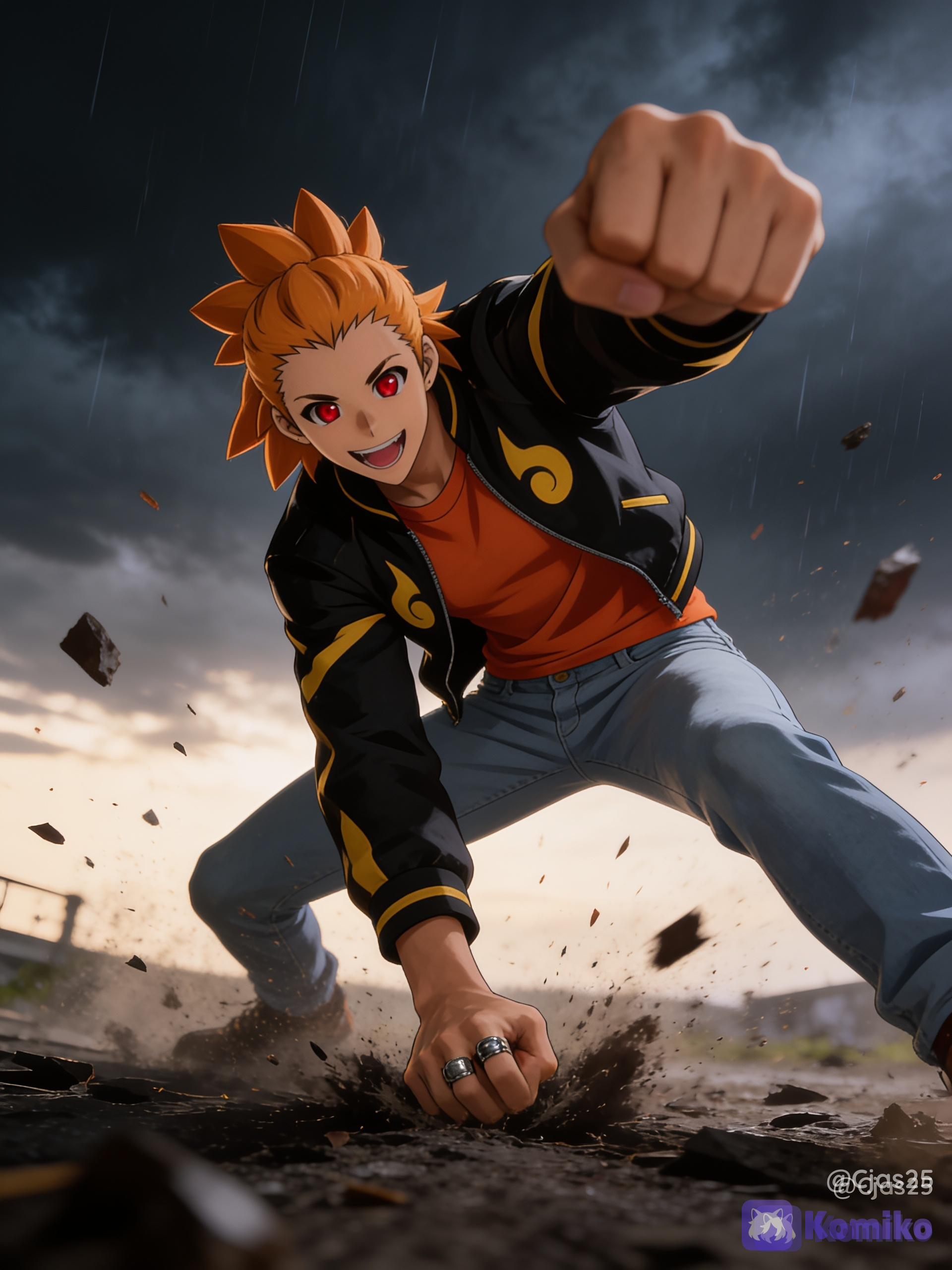 HD, 8k orange color hair, red eye color, black jacket with yellow streaks, orange undershirt, light blue jeans, ring on thumb, ring on middle finger, cinematic action dark lighting, punching the ground with debris flying around, mid action based pose, dark stormy background in daylight, lustful look, full body, anime style, soft background, anime background, fully clothed.
