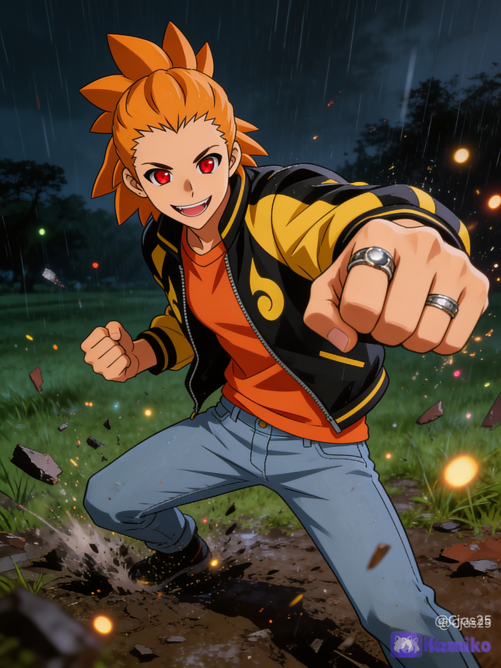 HD, 8k orange color hair, red eye color, black jacket with yellow streaks, orange undershirt, light blue jeans, ring on thumb, ring on middle finger, cinematic action dark lighting, punching the ground with debris flying around, glowing particles floating, dark rainy background in field with trees in the background, lustful smirk, anime style, soft background, anime background, fully clothed.