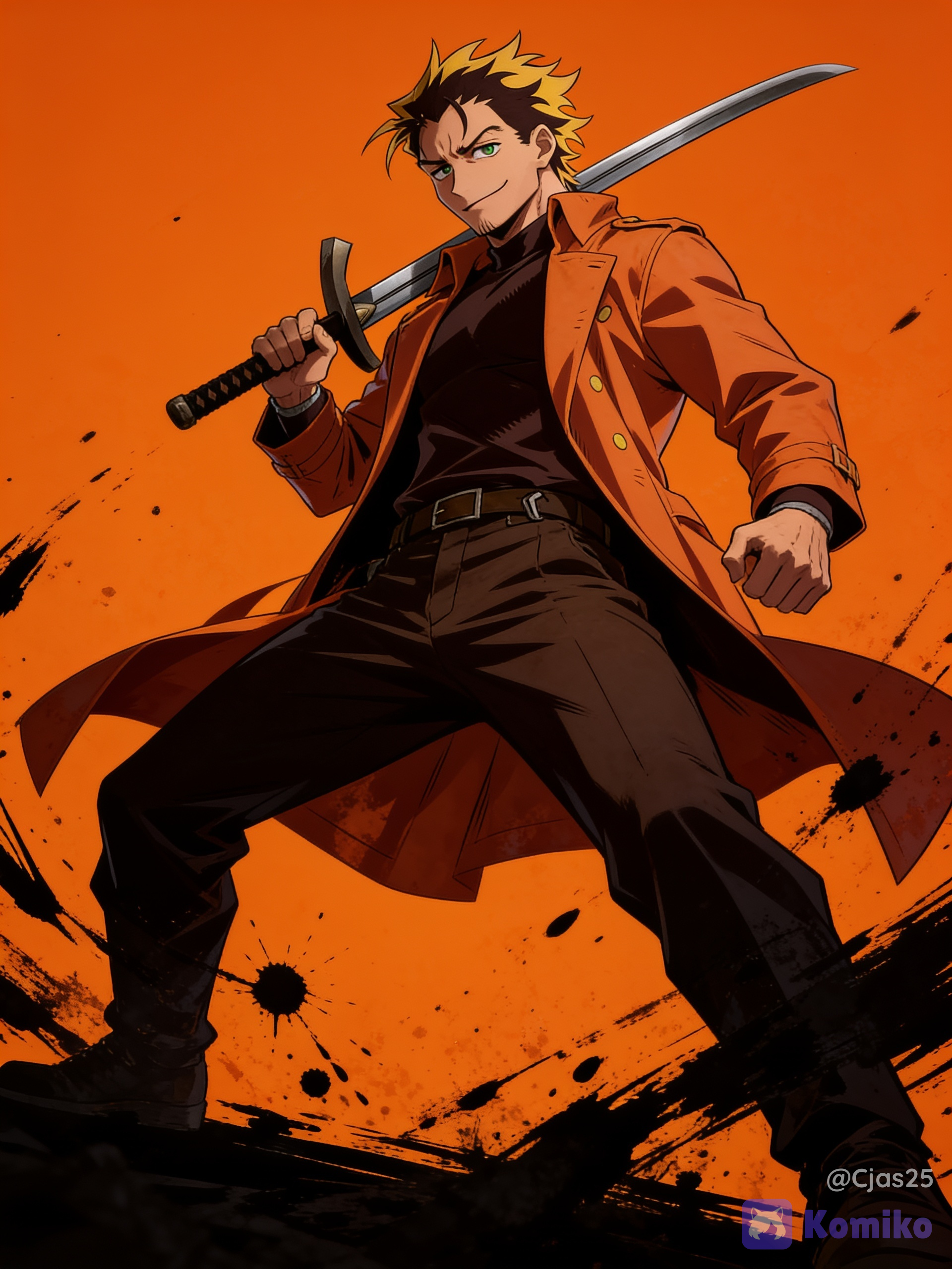 adult male with brown hair with yellow highlights and green eyes. He features a rugged, battle-worn look and is famously known for wearing a striking, long orange trench coat that matches his cynical, tired demeanor as a freelance bounty hunter, dark brown long sleeve undershirt, brown pants, brown belt with silver buckle, orange background with black paint splattered all around, low dramatic angle, moody cinematic lighting, full body, holding a katana over shoulder, dynamic pose, emits a powerful, dark anti-hero aura, battle ready facial expression, slight smirk, high ultra quality 8K, cool looking