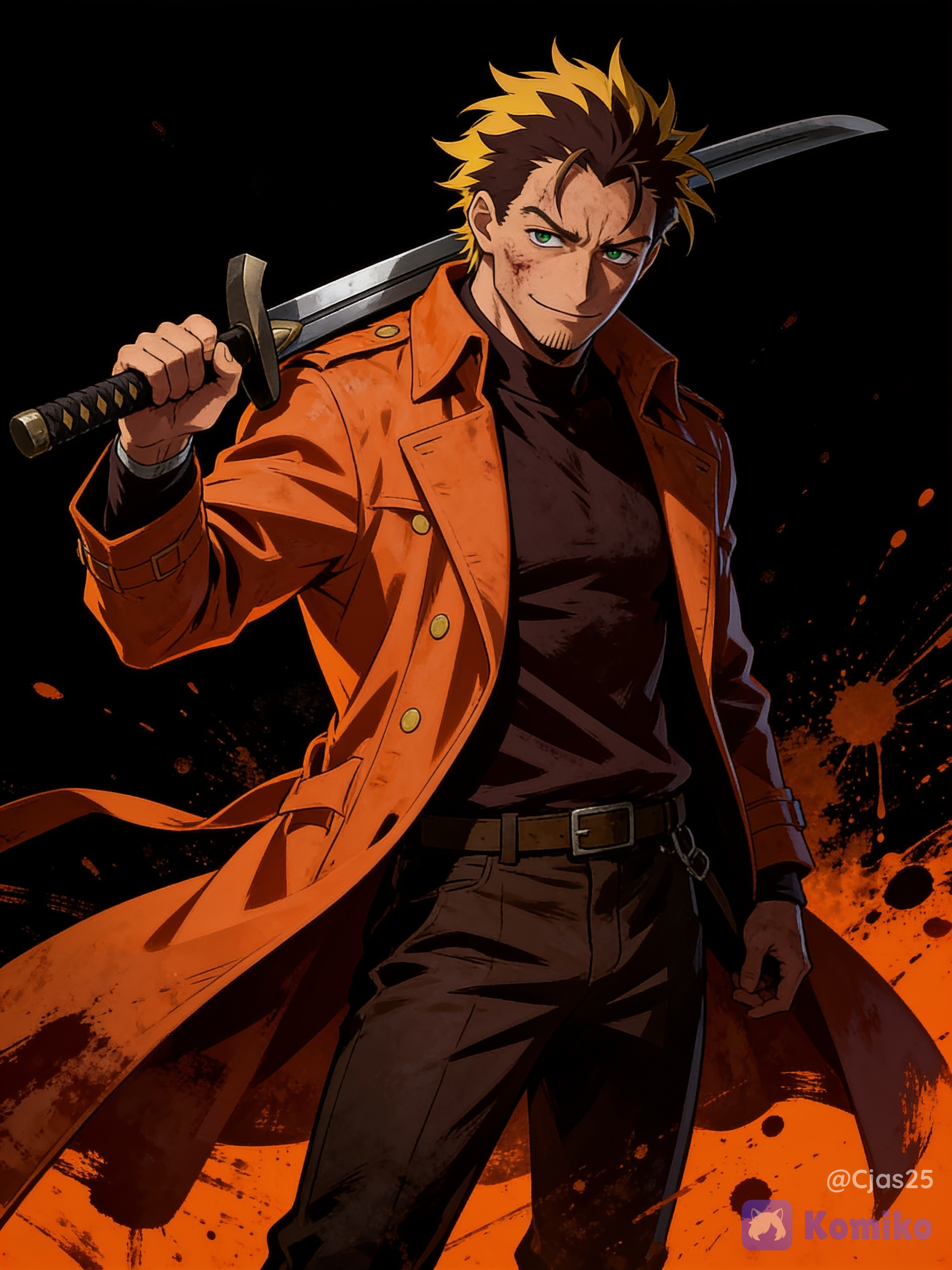 adult male with brown hair with yellow highlights and green eyes. He features a rugged, battle-worn look and is famously known for wearing a striking, long orange trench coat that matches his cynical, tired demeanor as a freelance bounty hunter, dark brown long sleeve undershirt, brown pants, brown belt with silver buckle, black background with dark orange paint splattered all around, dynamic angle, moody cinematic lighting, full body, holding a katana over shoulder, dynamic pose, emits a powerful dark anti-hero aura from body, battle ready facial expression, slight smirk, high ultra quality 8K, cool looking