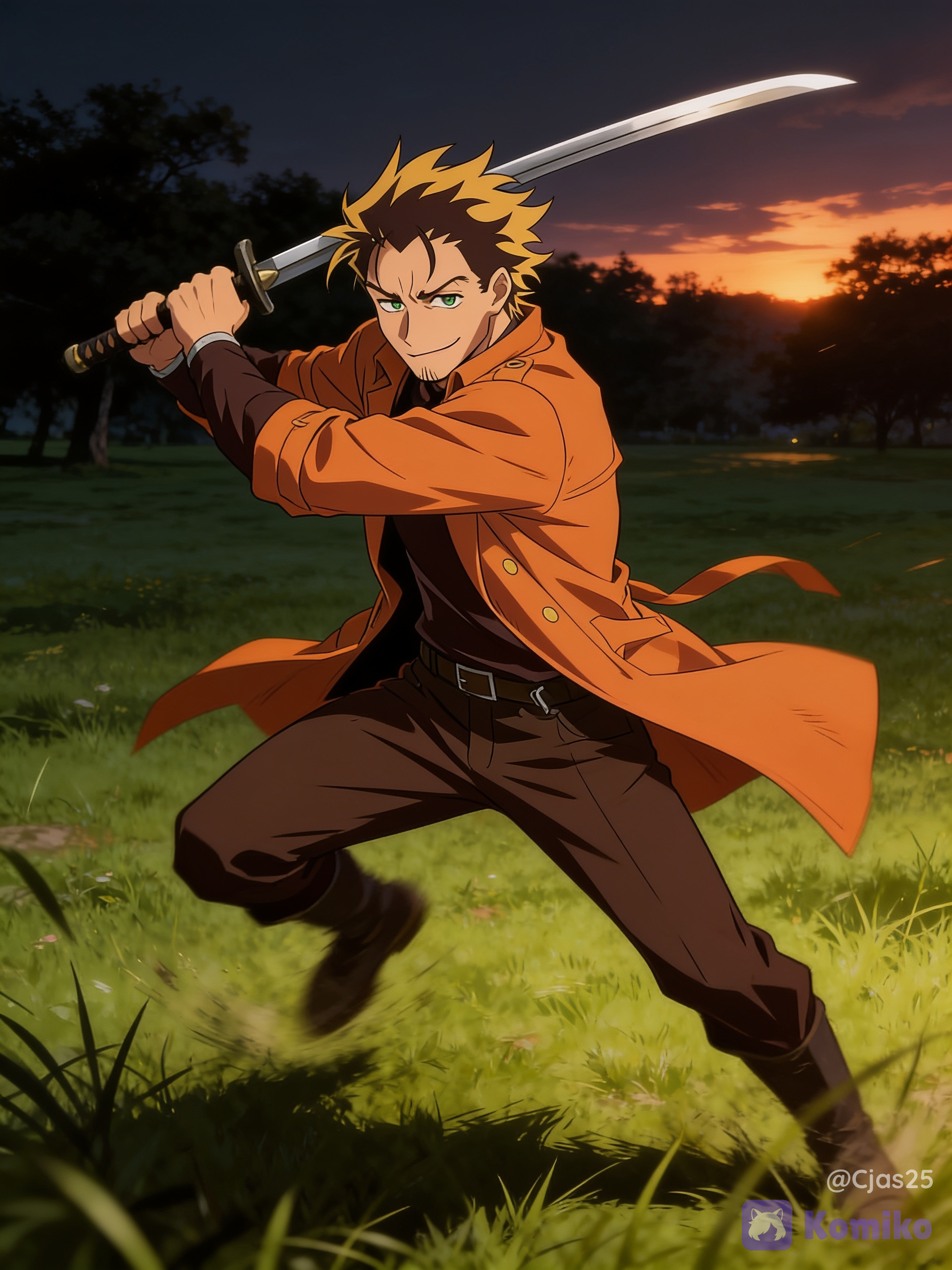 adult male with brown hair with yellow highlights and green eyes. He features a rugged, battle-worn look and is famously known for wearing a striking, long orange trench coat that matches his cynical, tired demeanor as a freelance bounty hunter, dark brown long sleeve undershirt, brown pants, brown belt with silver buckle, open grassy field with trees in background, dark sunset mood, anime background, soft background, training, dynamic angle, moody cinematic lighting, full body, swinging a katana over, dynamic pose, emits a powerful dark anti-hero aura from body, battle ready facial expression, slight smirk, high ultra quality 8K, cool looking
