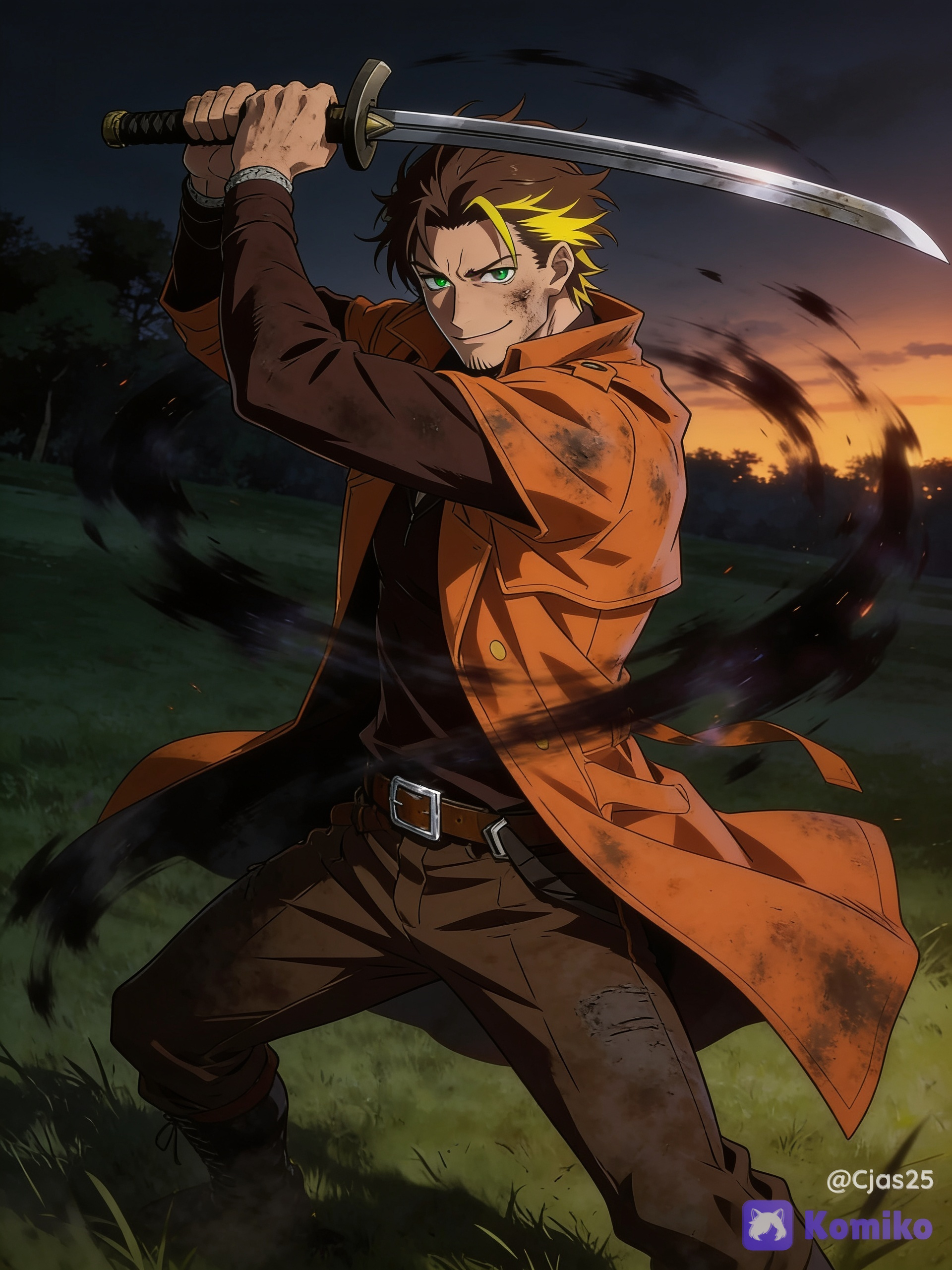 use reference image 1 and make him do a similar pose as reference image 3, adult male with brown hair with yellow highlights and green eyes. He features a rugged, battle-worn look and is famously known for wearing a striking, long orange trench coat that matches his cynical, tired demeanor as a freelance bounty hunter, dark brown long sleeve undershirt, brown pants, brown belt with silver buckle, open grassy field with trees in background, dark sunset mood, anime background, soft background, training, dynamic angle, moody cinematic lighting, full body, swinging a katana over, dynamic pose, emits a powerful dark anti-hero aura from body, battle ready facial expression, slight smirk, high ultra quality 8K, cool looking.