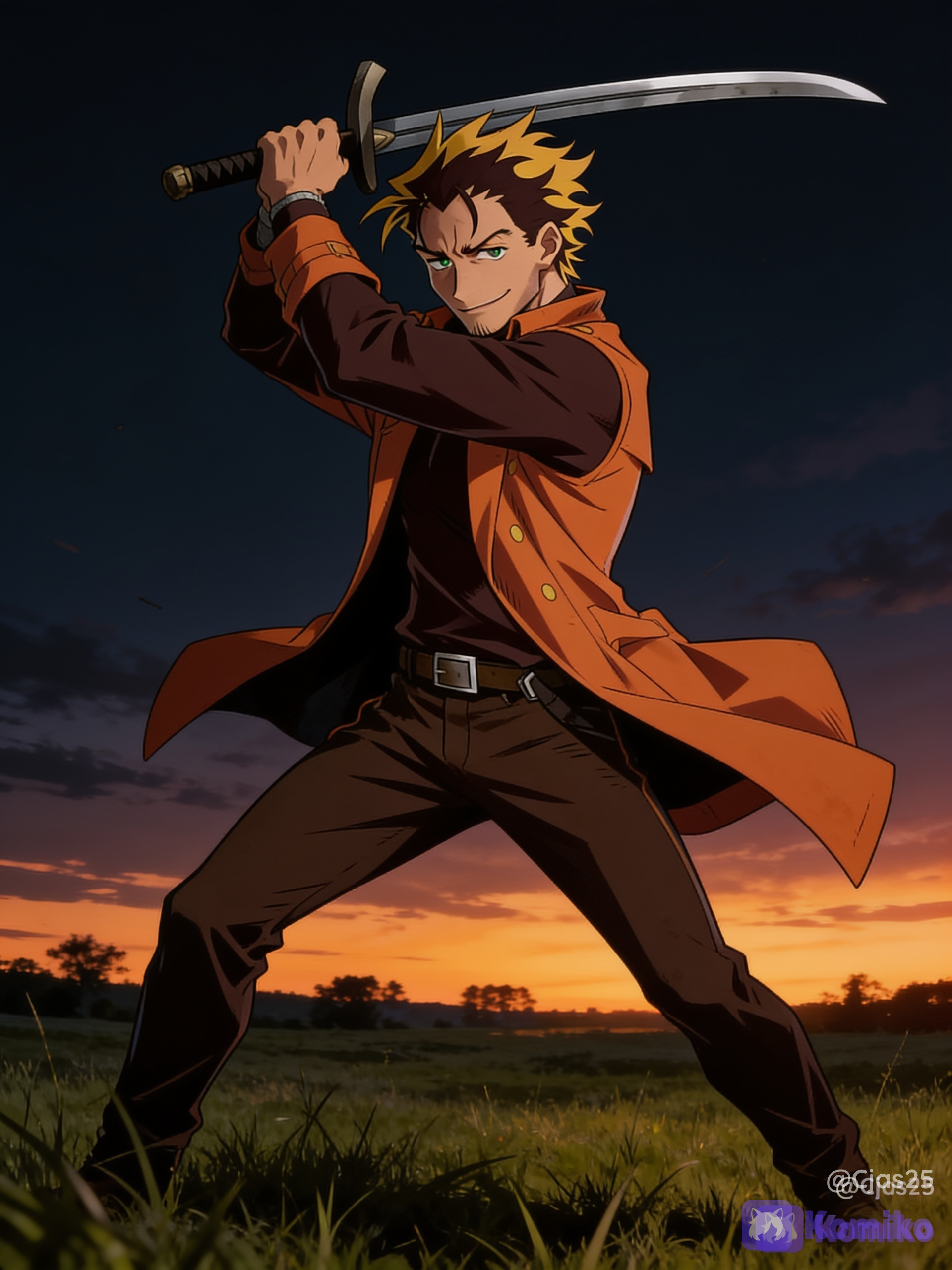 Adult male with brown hair with yellow highlights and green eyes. He features a rugged, battle-worn look and is famously known for wearing a striking, long orange trench coat that matches his cynical, tired demeanor as a freelance bounty hunter, dark brown long sleeve undershirt, brown pants, brown belt with silver buckle, open grassy field with trees in background, dark sunset mood, anime background, soft background, training, dynamic angle, moody cinematic lighting, full body, swinging a katana over, dynamic pose, emits a powerful dark anti-hero aura from body, battle ready facial expression, slight smirk, high ultra quality 8K, cool looking.