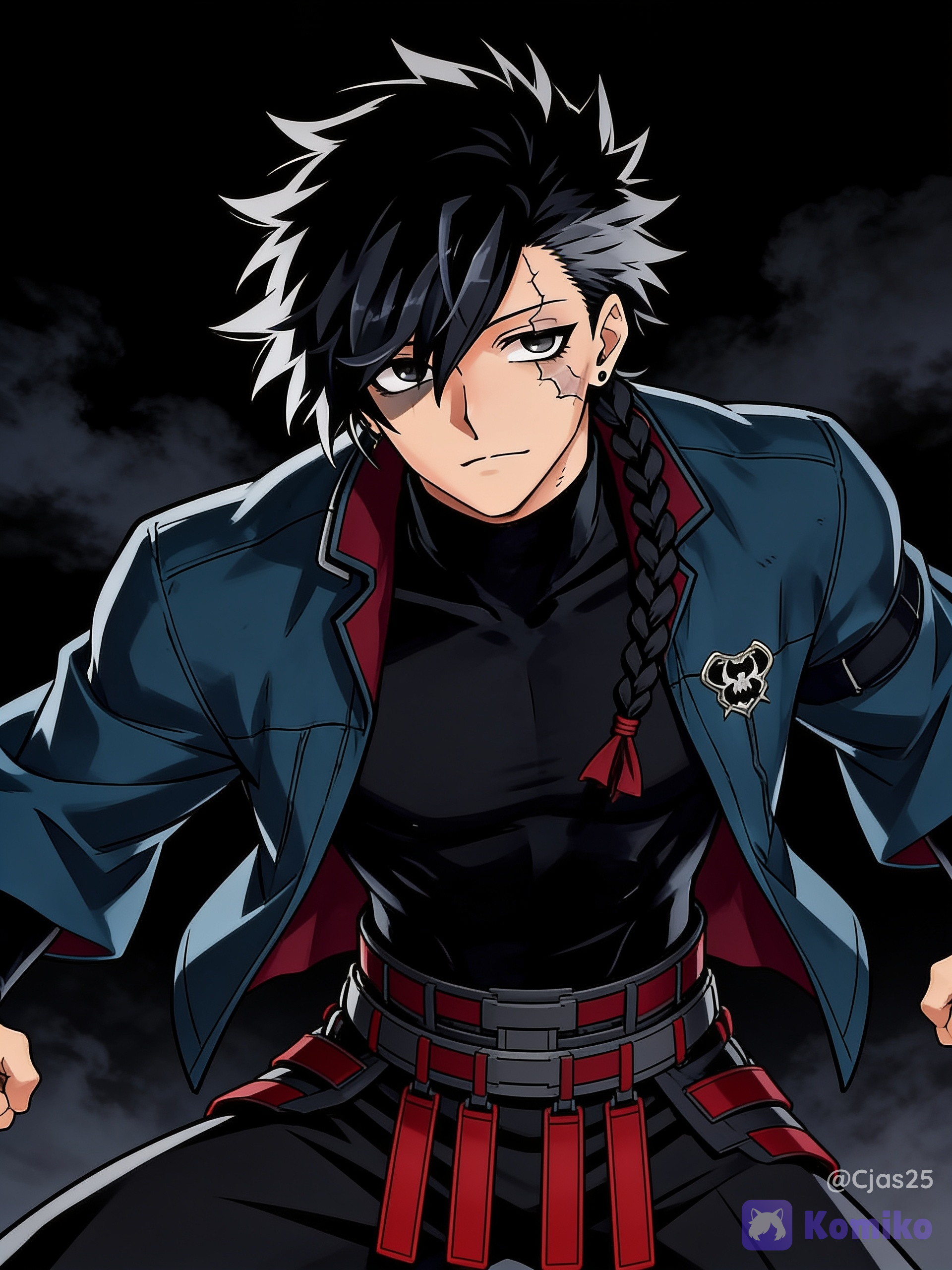 Jien is a tall and muscular man with elongated proportions. His shoulders are moderately broad, and his torso is straight and narrow. His hair is black and medium length with a slightly tousled structure. The top and sides consist of layered, uneven strands that angle outward in short, irregular spikes. The bangs fall diagonally across the forehead, with several strands partially covering one eye. The hair surface includes flat, gray highlights indicating shine and volume. At the back, the hair gathers into a single long braid. The braid is narrow and tightly woven, extending down past the shoulder. A small red tie secures the end. The braid hangs over the front of his shoulder, visible across the chest. His jawline is sharp and defined. The chin is narrow. Skin tone is light and even. The nose is indicated by a small, straight line. The mouth is thin and straight with minimal lip detail. His eyes are medium-sized and narrow. Irises appear gray with dark pupils, there is a prominent, cracked scars/markings patch on his left cheek beneath his eye. Upper lash lines are defined with thicker black lines; lower lines are minimal. Eyebrows are thin, straight, and black, set low and close to the eyes. One ear is visible with a small, dark stud earring. He wears a fitted black high-collared turtleneck that covers the neck completely. Over this, he wears a dark teal-blue jacket with a loose, open front. The jacket has wide sleeves and visible folds, suggesting heavier fabric. The interior lining is a dark red or maroon color, visible along the inner edges. On the left chest area of the jacket is a small metallic badge representing his guild, the Iron Fangs. The badge is compact and light-colored, attached flat against the fabric. Around the waist is a belt system in dark gray and red tones. Multiple red strap segments hang vertically from the belt, each ending in small rectangular tabs or fasteners. The belt appears layered and functional rather than decorative. He's in a dynamic pose, with a low dramatic angle, cinematic lighting, black background with dark clouds, he's in a battle ready stance, mouth slightly open while grinning