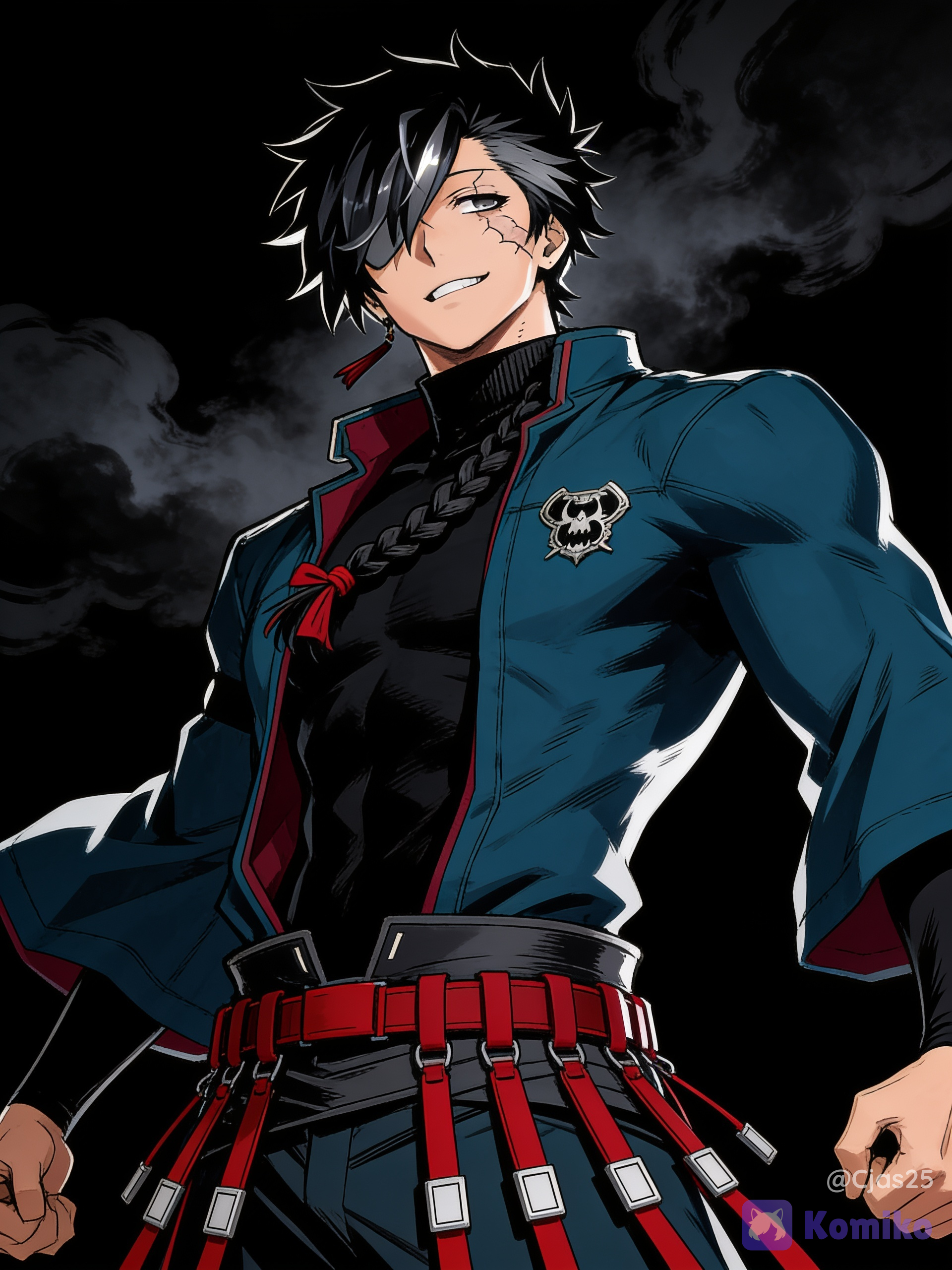 Jien is a tall and muscular man with elongated proportions. His shoulders are moderately broad, and his torso is straight and narrow. His hair is black and medium length with a slightly tousled structure. The top and sides consist of layered, uneven strands that angle outward in short, irregular spikes. The bangs fall diagonally across the forehead, with several strands partially covering one eye. The hair surface includes flat, gray highlights indicating shine and volume. At the back, the hair gathers into a single long braid. The braid is narrow and tightly woven, extending down past the shoulder. A small red tie secures the end. The braid hangs over the front of his shoulder, visible across the chest. His jawline is sharp and defined. The chin is narrow. Skin tone is light and even. The nose is indicated by a small, straight line. The mouth is thin and straight with minimal lip detail. His eyes are medium-sized and narrow. Irises appear gray with dark pupils, there is a prominent, cracked scars/markings patch on his left cheek beneath his eye. Upper lash lines are defined with thicker black lines; lower lines are minimal. Eyebrows are thin, straight, and black, set low and close to the eyes. One ear is visible with a small, dark stud earring. He wears a fitted black high-collared turtleneck that covers the neck completely. Over this, he wears a dark teal-blue jacket with a loose, open front. The jacket has wide sleeves and visible folds, suggesting heavier fabric. The interior lining is a dark red or maroon color, visible along the inner edges. On the left chest area of the jacket is a small metallic badge representing his guild, the Iron Fangs. The badge is compact and light-colored, attached flat against the fabric. Around the waist is a belt system in dark gray and red tones. Multiple red strap segments hang vertically from the belt, each ending in small rectangular tabs or fasteners. The belt appears layered and functional rather than decorative. He's in a dynamic pose, with a low dramatic angle, cinematic lighting, black background with dark swirly anime clouds, he's in a battle ready stance, mouth slightly open while grinning, full body