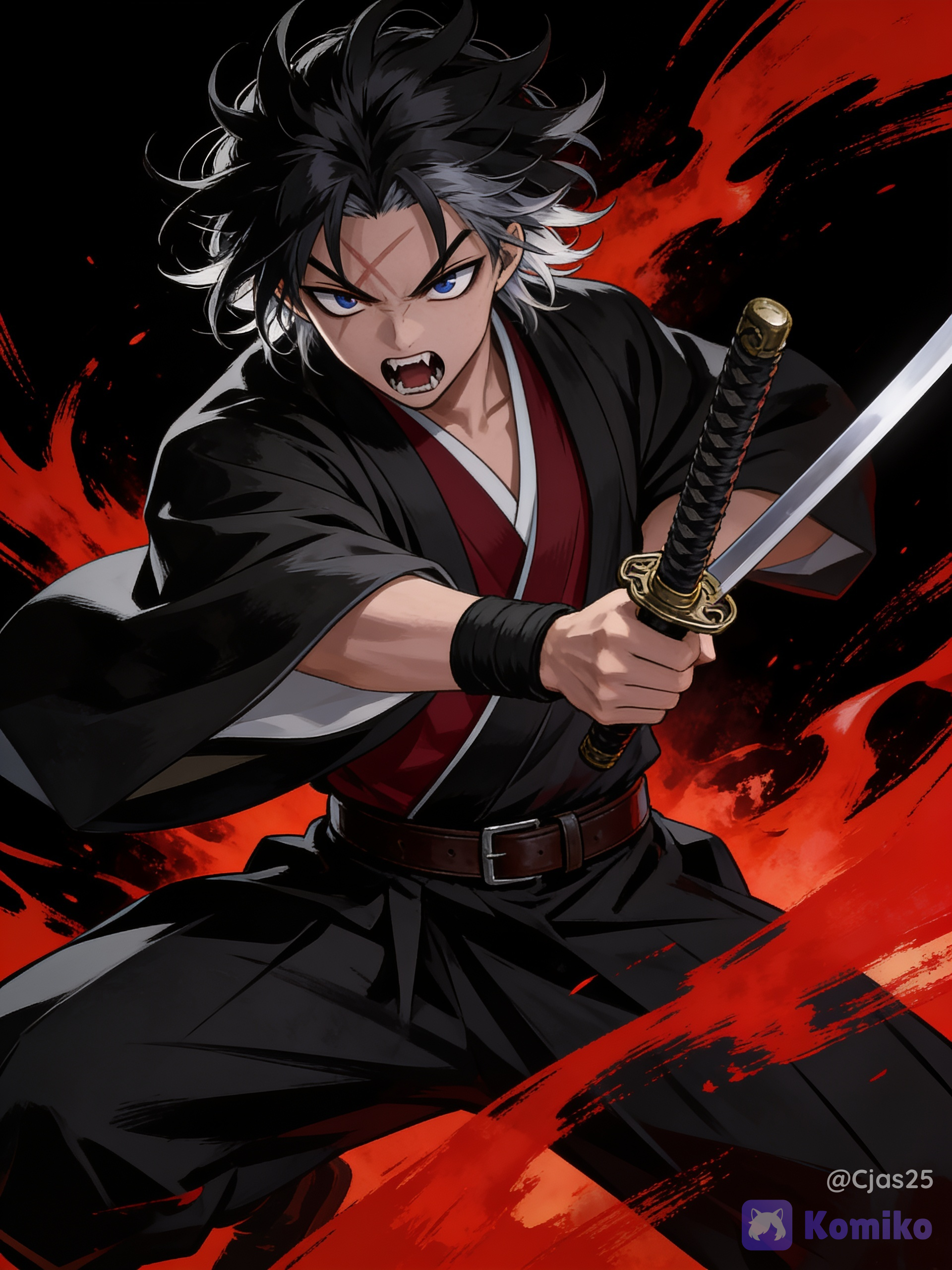 Messy, voluminous black hair with subtle grey or white highlights underneath. A prominent X-shaped scar sits right between his eyebrows. Dark, intense blue eyes with narrow pupils and a determined glare. An open mouth showing sharp, slightly pointed teeth or fangs. loose-fitting, layered black traditional Japanese robe (haori or kimono style), A white collar layer visible beneath the black robe, over a deep red undershirt, a dark brown leather belt securing his robes at the waist, a thick, solid black band wrapped around his right wrist. He grips a traditional sword with a textured black handle and a decorative golden guard (tsuba), black background with dynamic red paint that looks like flames, dynamic pose, low dramatic angle, cinematic lighting, ultra 8k quality