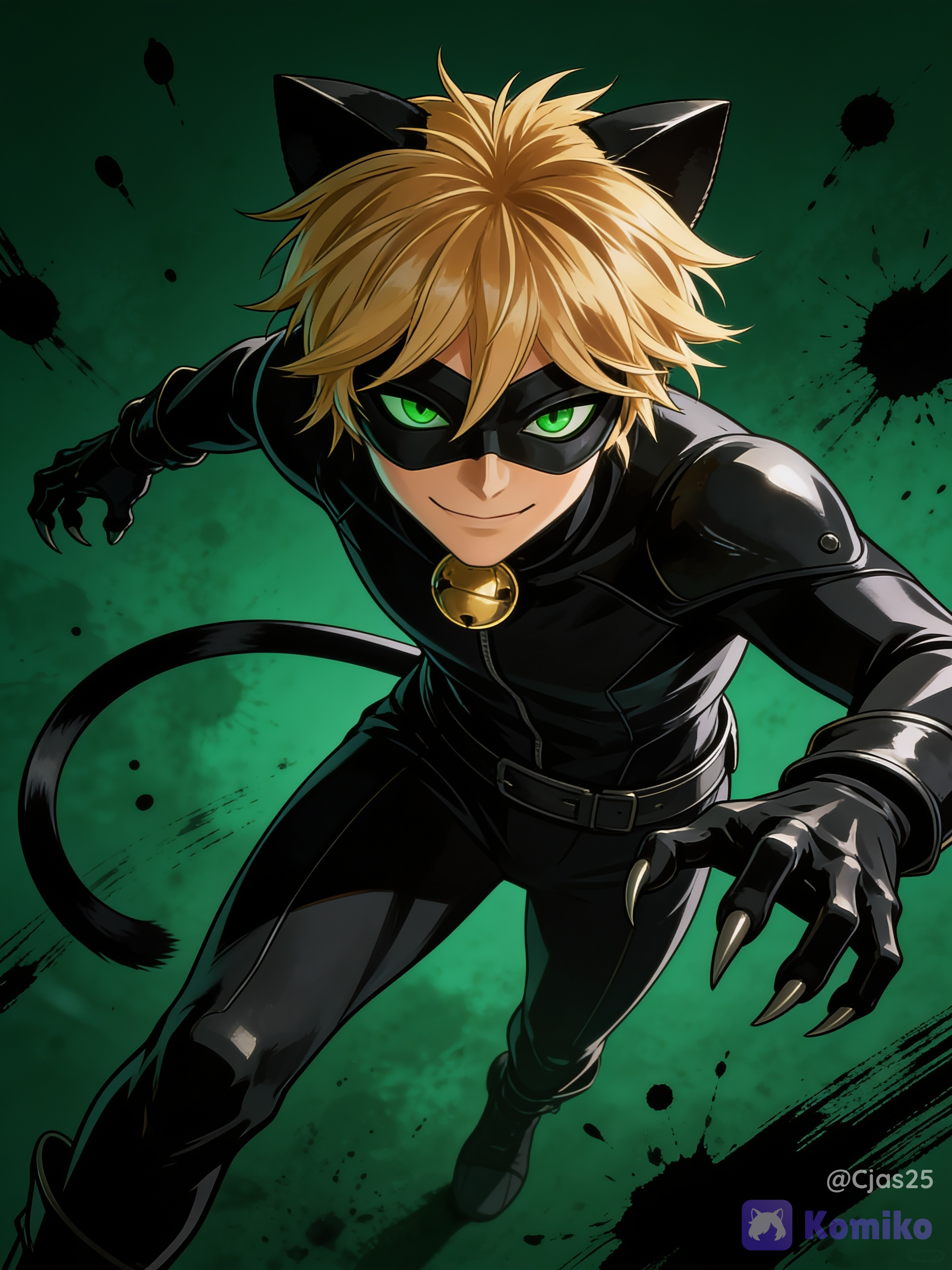 He wears a sleek, textured black leather catsuit. His form features fake cat ears, a long belt-like tail, a golden bell at the neck, clawed gloves, a dark eye mask, green sclera, dark green irises, distinctive vertical slitted pupils, and untamed blonde hair hiding his human ears. Dark green background with black ink all around, dynamic pose, low dramatic angle, toned body noticable through catsuit, cinematic lighting, ultra 8k quality
