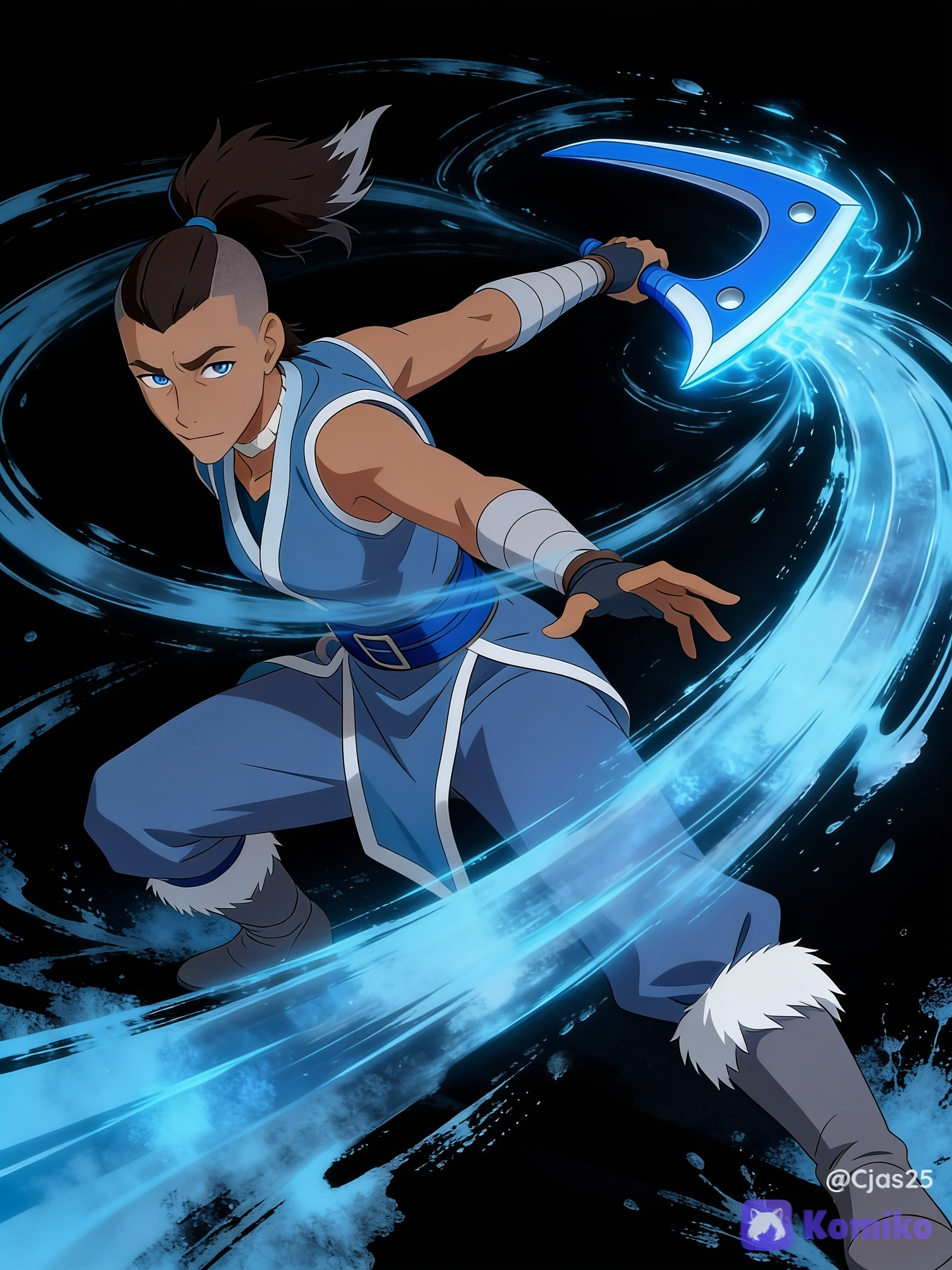 Muted blue sleeveless tunic with white trim, matching trousers, wrist guards, a blue belt, and gray boots trimmed with white fur, dark brown/black hair styled in a shaved-side "warrior's wolf tail" ponytail, Medium-brown skin and bright blue eyes. Lean and athletic build from hunting and training. Black background with icy blue paint splattered, dynamic pose, low dramatic angle, throwing a Boomerang, air like currents surrounding the boomerang. Ultra 8k quality.