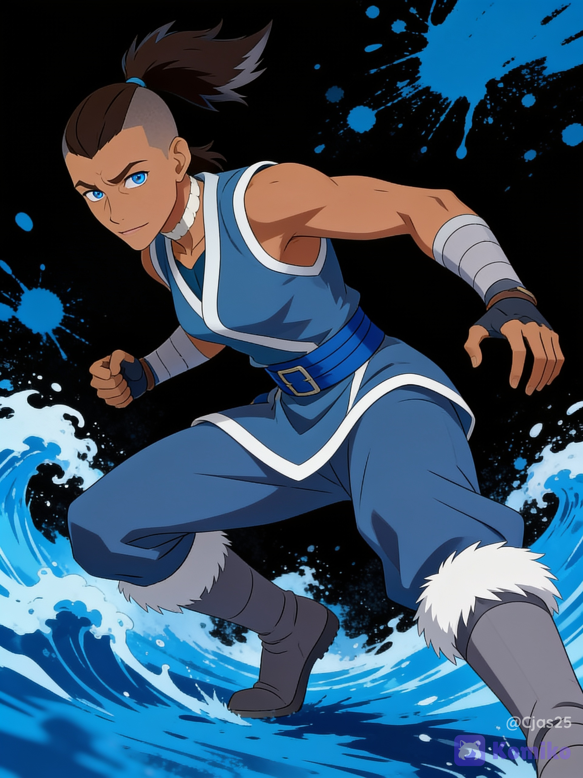 Muted blue sleeveless tunic with white trim, matching trousers, wrist guards, a blue belt, and gray boots trimmed with white fur, dark brown/black hair styled in a shaved-side "warrior's wolf tail" ponytail, Medium-brown skin and bright blue eyes. Lean and athletic toned build from hunting and training. Black background with blue paint splattered that look like waves, dynamic pose, low dramatic angle, ultra 8k quality.