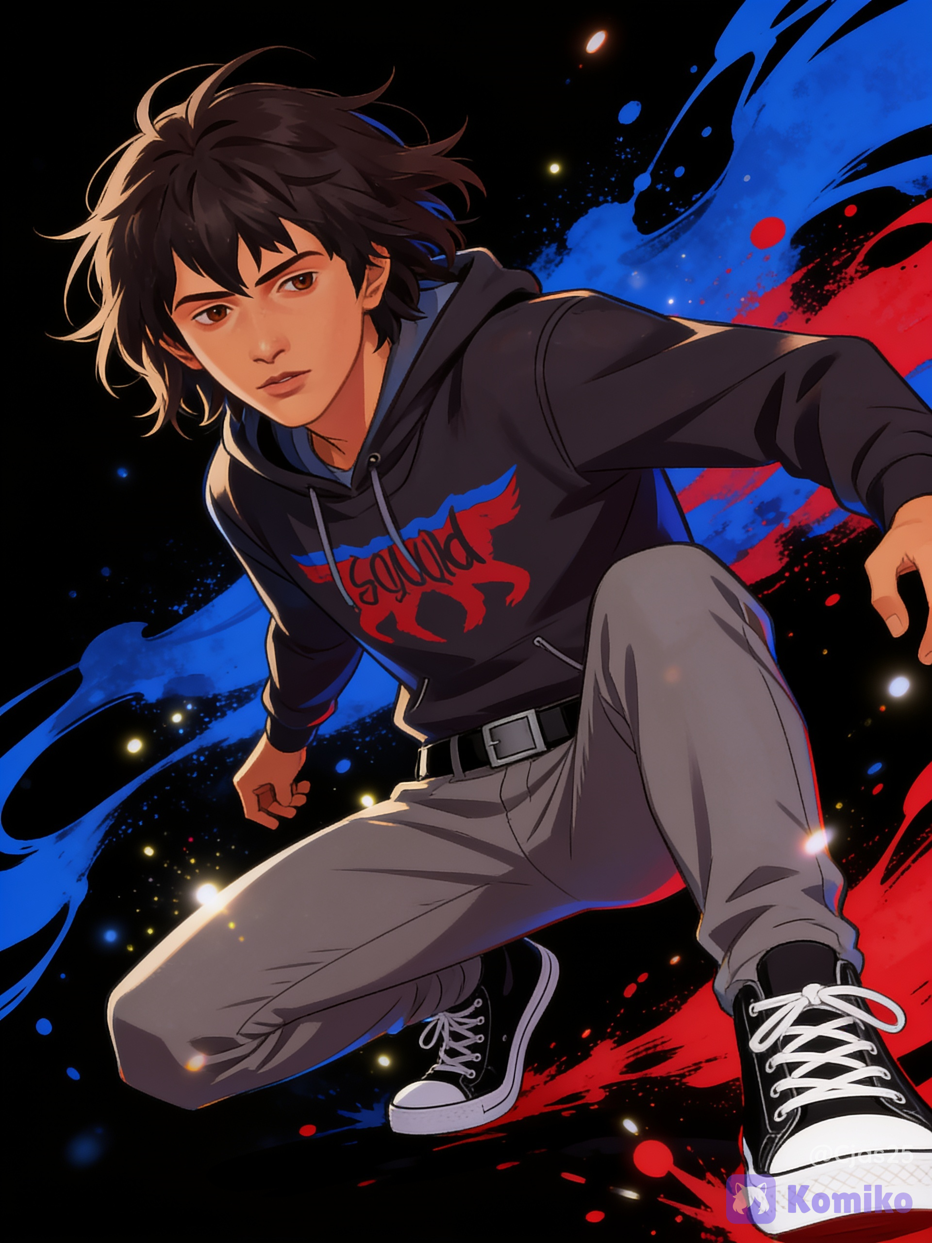 Medium-length, messy dark brown hair that often hangs slightly over his forehead or is swept back loosely. Expressive dark brown eyes reflecting his sensitive and creative personality. Light-tan or olive skin tone. Wearing a dark or patterned hoodie featuring a wolf design on the chest area, the wolf is primarily red with some blue at the top, wearing grey pants, wearing black belt with greyish buckles, wearing black and white converse style sneakers, anime style, ultra 8k quality, black background with blue and red ink, dynamic pose, low dramatic angle, crisp line weights, glowing particle effects, and dynamic fluid action in a Ufotable art style.