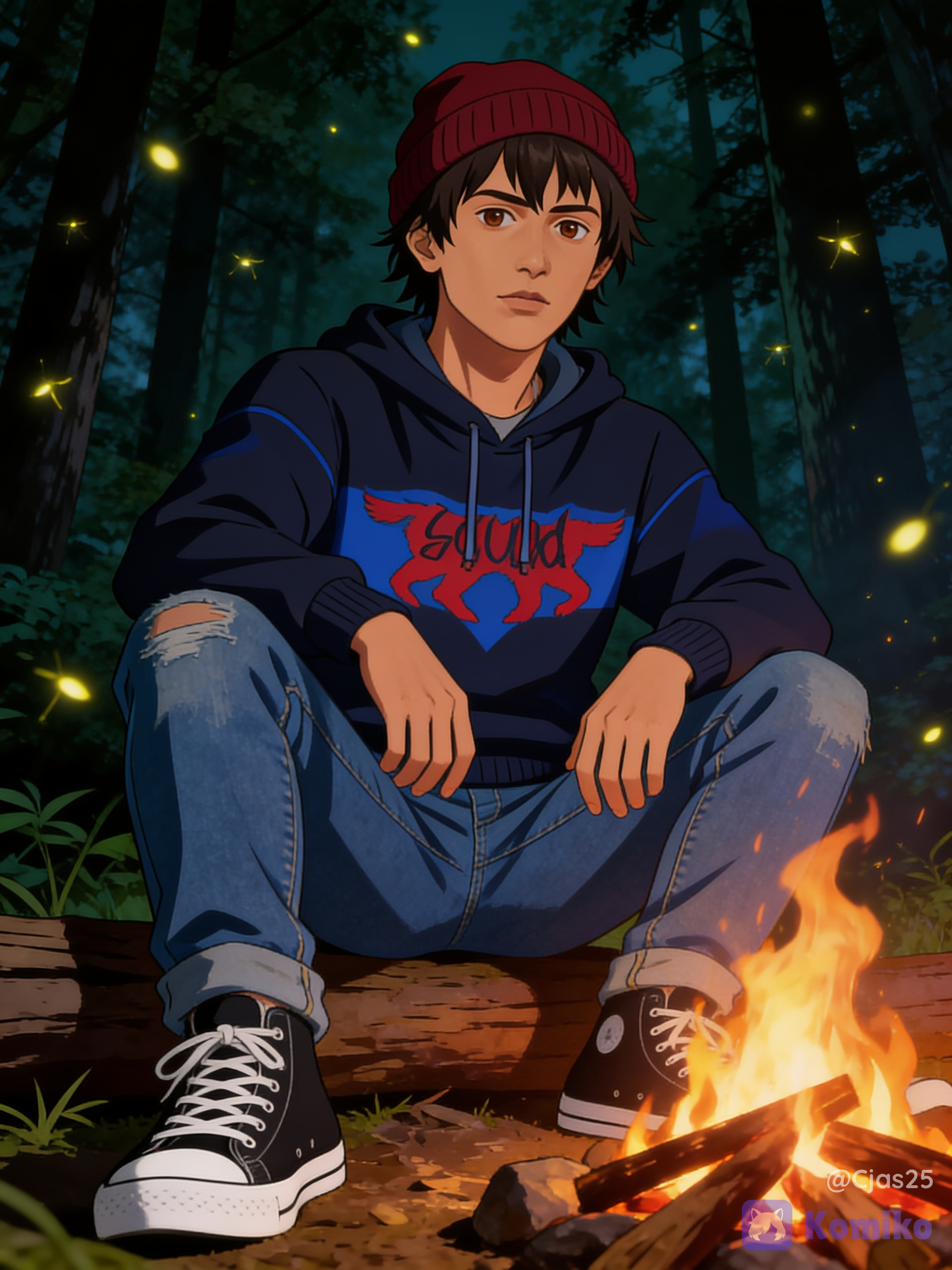 Neat, medium-length dark brown haircut with brushed-back bangs. Expressive dark brown eyes reflecting his sensitive and creative personality. Light-tan or olive skin tone. Dark blueish black pullover hoodie featuring a wolf design on chest that's primarily red with some blue, blue worn denim jeans, a dark red beanie worn over his medium-length dark hair, black and white converse style sneakers, in the woods with lots of trees in background, cinematic lighting, fireflies, anime style, ultra 8k quality, low dramatic angle, sitting by a makeshift campfire, crisp line weights, in a Ufotable art style. Crisp clean line art, sharp cel-shaded, two-tone shadow blocks, flat color fields, solid color fill, high-resolution anime style, studio key visual.
