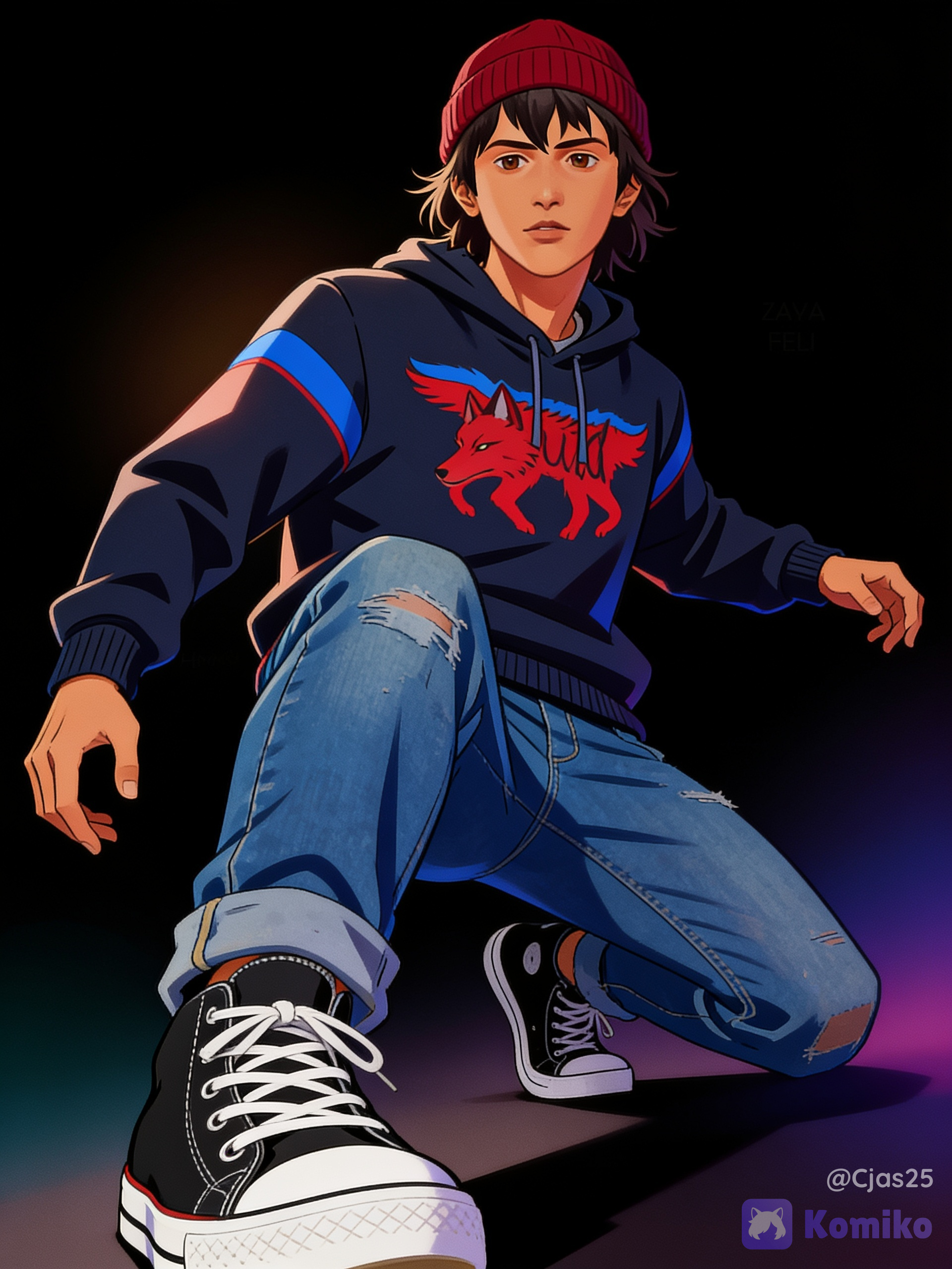 Neat, medium-length dark brown haircut with brushed-back bangs. Expressive dark brown eyes reflecting his sensitive and creative personality. Light-tan or olive skin tone. Dark blueish black pullover hoodie featuring a wolf design on chest that's primarily red with some blue, blue worn denim jeans, a dark red beanie worn over his medium-length dark hair, black and white converse style sneakers, anime style, ultra 8k quality, low dramatic angle, dynamic pose, black background with an atmospheric aesthetic style featuring deep colors, soft gradient glows, and dark or shadowy tones, crisp line weights, in a Ufotable art style. Crisp clean line art, sharp cel-shaded, two-tone shadow blocks, flat color fields, solid color fill, high-resolution anime style, studio key visual.