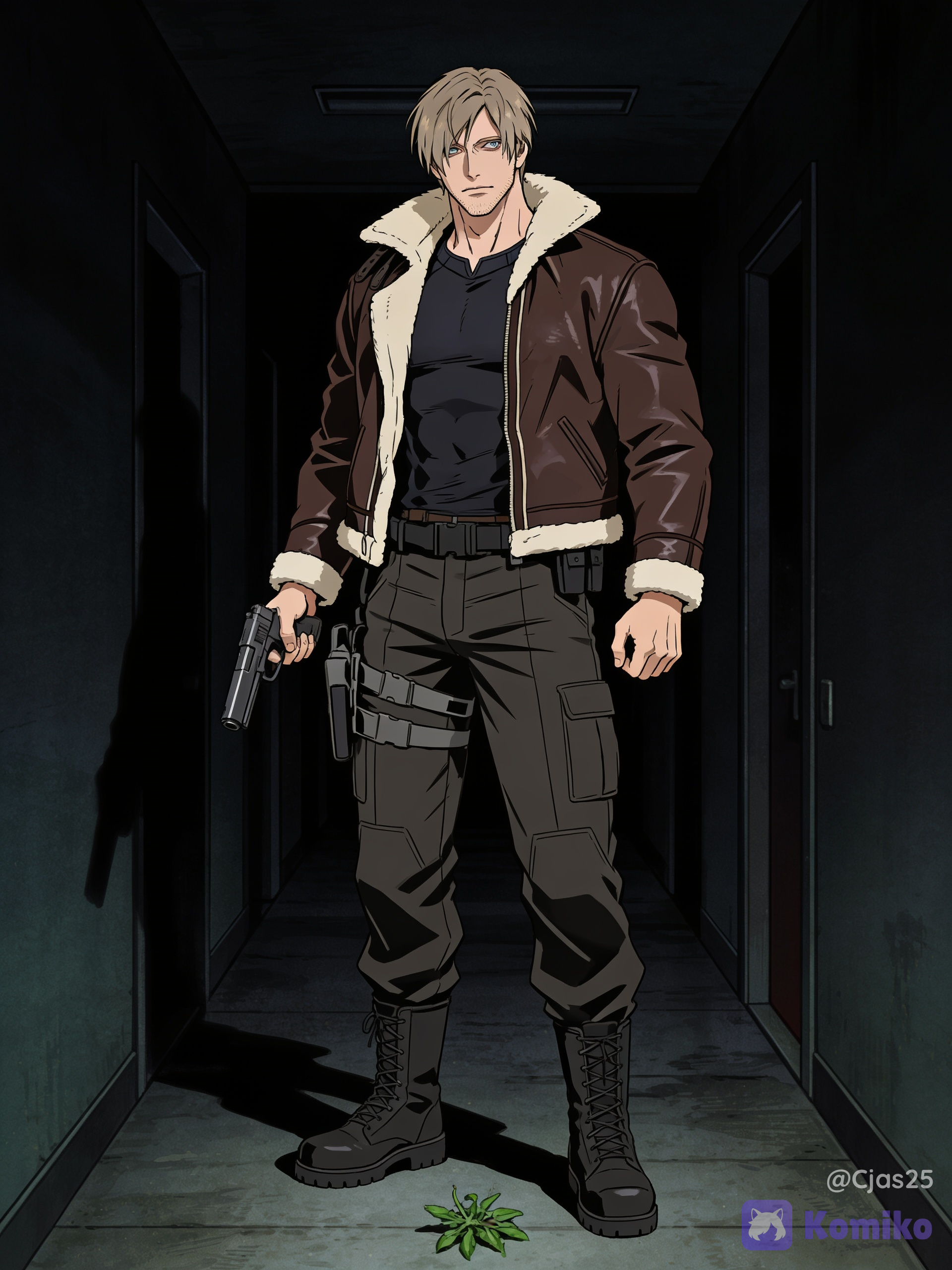 Shaggy, parted curtain-style mop of hair falling across his forehead and eyes, light brown hair, light blue eyes, lean yet broad-shouldered and muscular, defined, mature jawline with subtle stubble, wearing a black form-fitting tactical compression shirt, Dark greyish-brown cargo/tactical trousers with a utility belt, holster drop-rig for his handgun, and heavy combat boots, a brown leather flight/bomber jacket with a soft white shearling or fleece lining on the collar and cuffs, Anime art style, Tall (approx. 5'11") and lean-muscular, 1990s vintage anime style, cel animation, holding a handgun, standing in a dark eerie hallway, dramatic deep shadows, green herb on the floor, VHS aesthetic, grain, retro anime aesthetic, studio ghibli meets horror, 90s dark palette