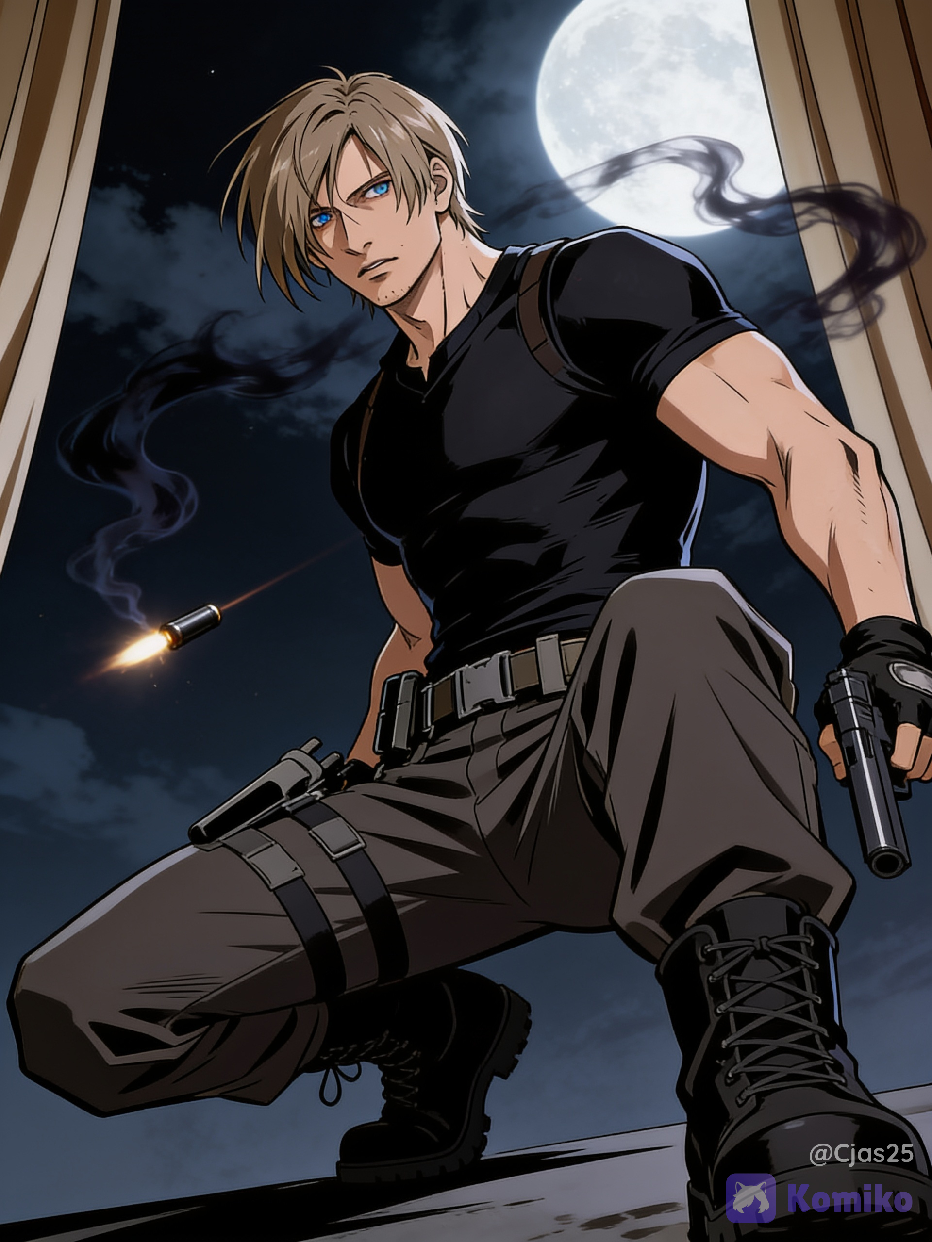 Shaggy, parted curtain-style mop of hair falling across his forehead and eyes, light brown hair, light blue eyes, lean and slim yet broad-shouldered and muscular, defined, wearing a black form-fitting tactical compression shirt, Dark greyish-brown cargo/tactical trousers with a utility belt, holster drop-rig for his handgun, and heavy combat boots.standing under a dramatic moonlight sky, wisps of dark magic, high contrast, moody shadows, studio quality anime art, dynamic pose, low dramatic angle, cinematic lighting, gun shot fired, flying bullet, 90's anime aesthetic