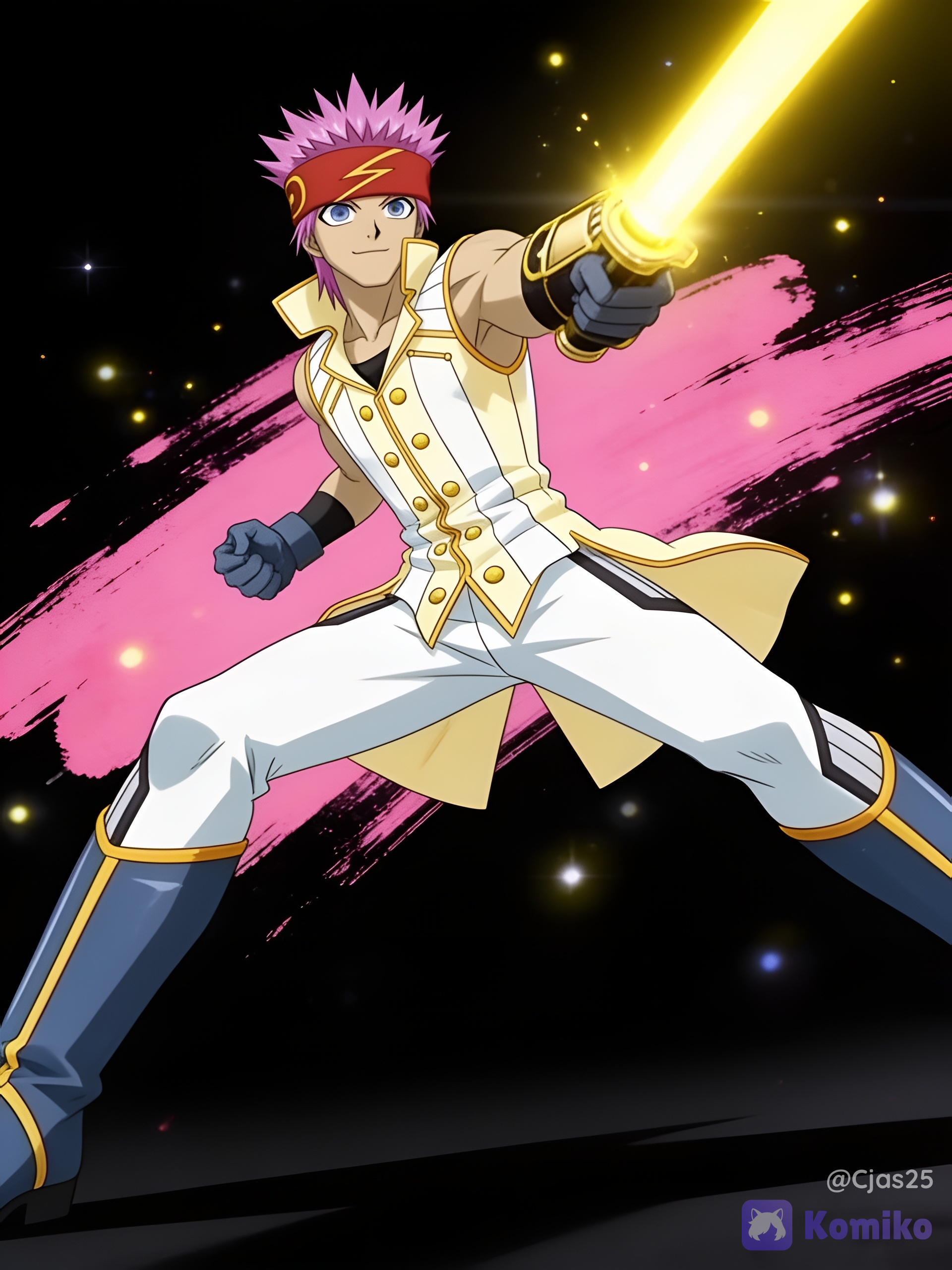 Light blue eyes, thin eyebrows, and a small, confident smile, vibrant pink hair, a thick, crimson-red headband with a yellow lightning bolt symbol in the center. Lean yet muscular, wearing a sleeveless, high-collared white vest with gold lining, gold buttons, and a flared coattail, fitted white trousers tucked into knee-high, dark blue boots with prominent gold trim, a single dark gray gauntlet-style glove on his right hand, a gold-and-black wrist gauntlet that is projecting a bright, solid beam of a yellow light sword. Black background with pink paint strokes, cool aesthetic, badass, dynamic pose, low dramatic angle, ultra HD 8k quality, cinematic lighting, glowing particles