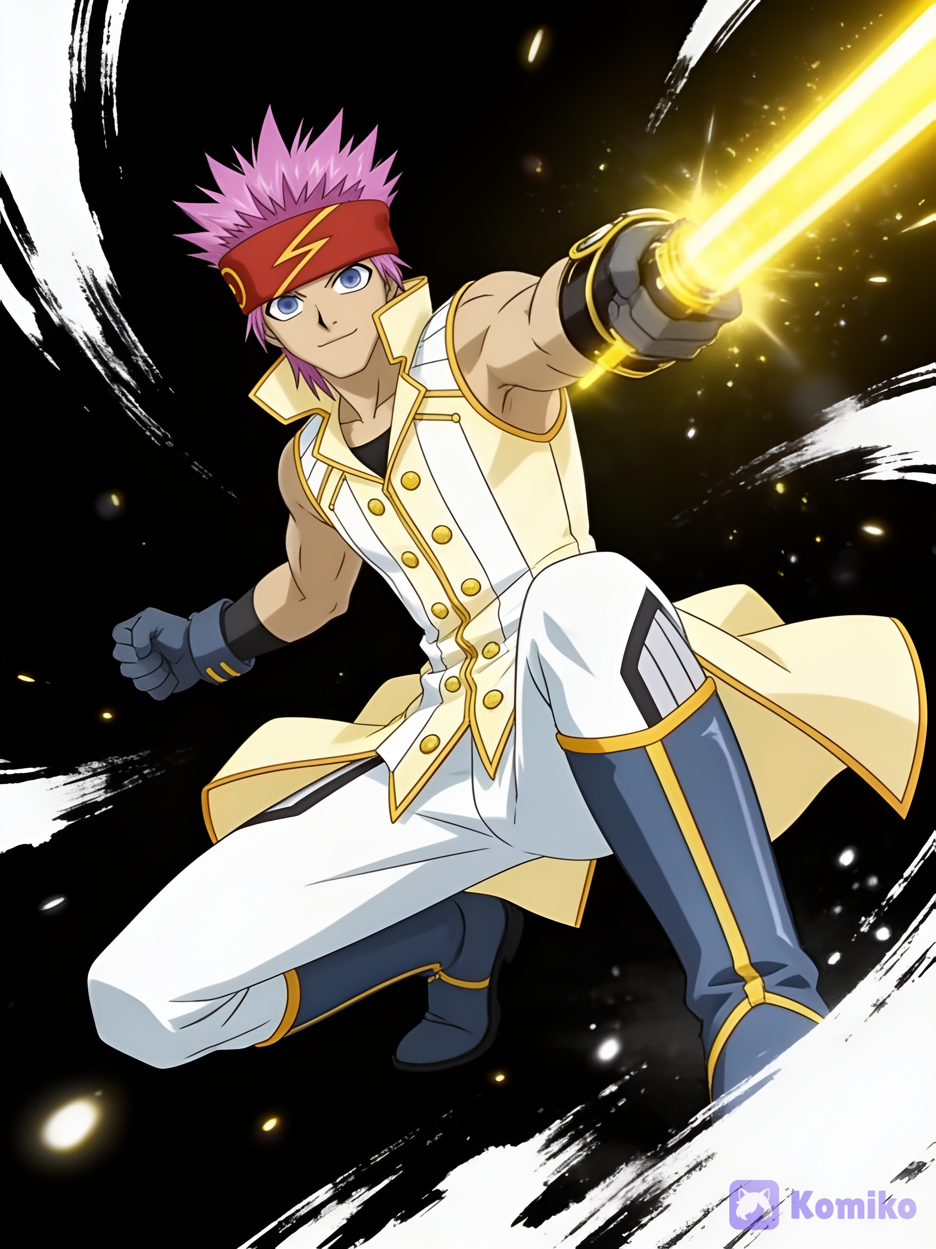 Light blue eyes, thin eyebrows, and a small, confident smile, vibrant pink hair, a thick, crimson-red headband with a yellow lightning bolt symbol in the center. Lean yet muscular, wearing a sleeveless, high-collared white vest with gold lining, gold buttons, and a flared coattail, fitted white trousers tucked into knee-high, dark blue boots with prominent gold trim, a single dark gray gauntlet-style glove on his right hand, a gold-and-black wrist gauntlet that is projecting a bright, yellow plasma sword. Black background with white ink strokes, cool aesthetic, badass, dynamic pose, low dramatic angle, ultra HD 8k quality, cinematic lighting, glowing particles