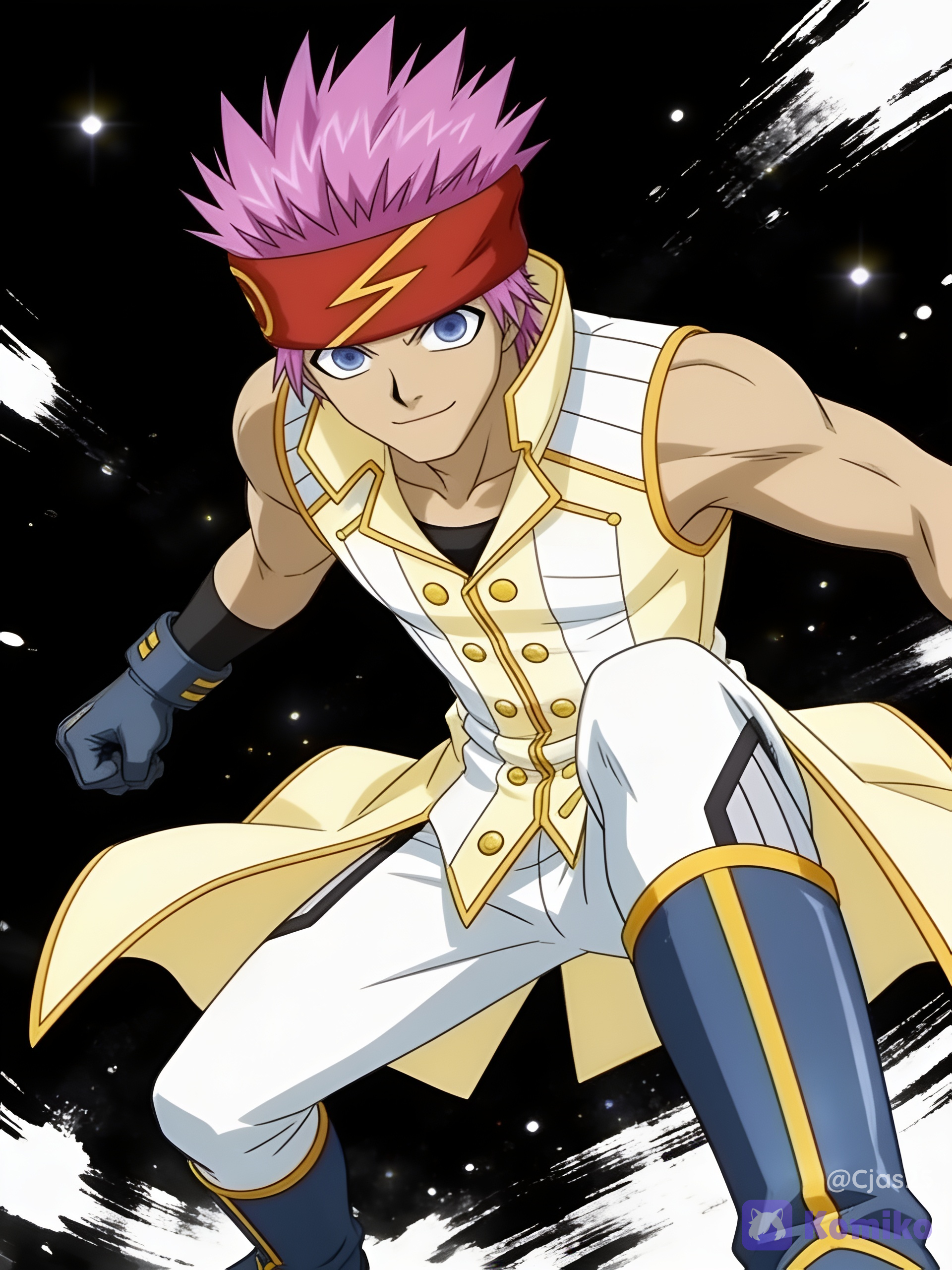 Light blue eyes, thin eyebrows, and a small, confident smile, vibrant pink hair, a thick, crimson-red headband with a yellow lightning bolt symbol in the center. Lean yet muscular, wearing a sleeveless, high-collared white vest with gold lining, gold buttons, and a flared coattail, fitted white trousers tucked into knee-high, dark blue boots with prominent gold trim, a single dark gray gauntlet-style glove on his right hand, Black background with white ink strokes, cool aesthetic, badass, dynamic pose, low dramatic angle, ultra HD 8k quality, cinematic lighting, glowing particles