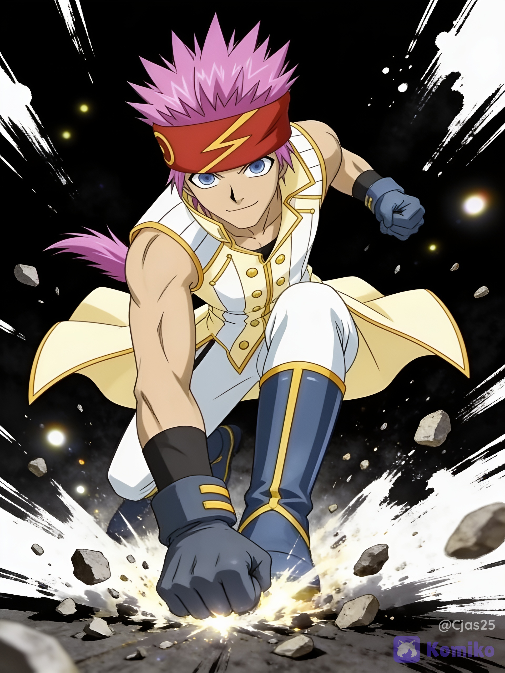 Light blue eyes, thin eyebrows, and a small, confident smile, vibrant pink hair, a thick, crimson-red headband with a yellow lightning bolt symbol in the center. Lean yet muscular, wearing a sleeveless, high-collared white vest with gold lining, gold buttons, and a flared coattail, fitted white trousers tucked into knee-high, dark blue boots with prominent gold trim, a single dark gray gauntlet-style glove on his right hand, punching the ground, rock pebbles flying around, debris on impact, black background with white ink strokes, cool aesthetic, badass, dynamic pose, low dramatic angle, ultra HD 8k quality, cinematic lighting, glowing particles