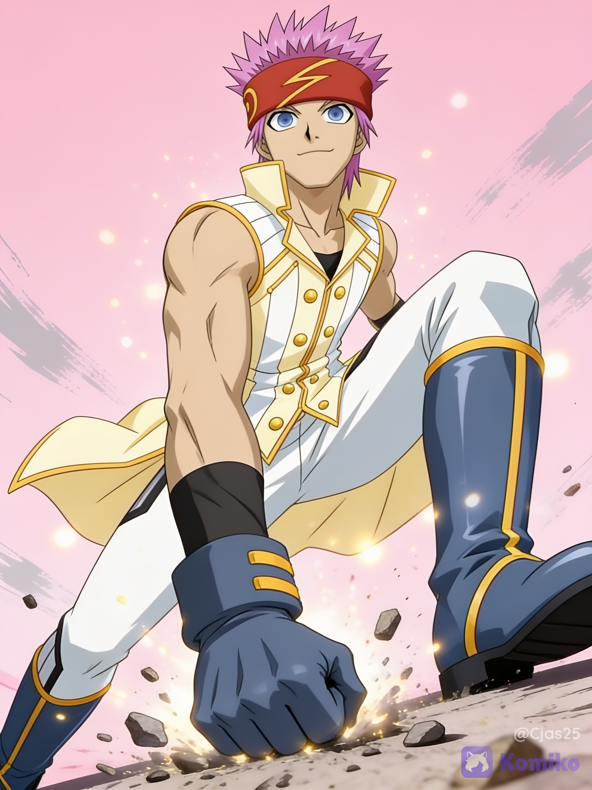 Light blue eyes, thin eyebrows, and a small, confident smile, vibrant pink hair, a thick, crimson-red headband with a yellow lightning bolt symbol in the center. Lean yet muscular, wearing a sleeveless, high-collared white vest with gold lining, gold buttons, and a flared coattail, fitted white trousers tucked into knee-high, dark blue boots with prominent gold trim, a single dark gray gauntlet-style glove on his right hand, punching the ground, rock pebbles flying around, debris on impact, pink background with light grey ink strokes, cool aesthetic, badass, dynamic pose, low dramatic angle, ultra HD 8k quality, cinematic lighting, glowing particles surrounding body