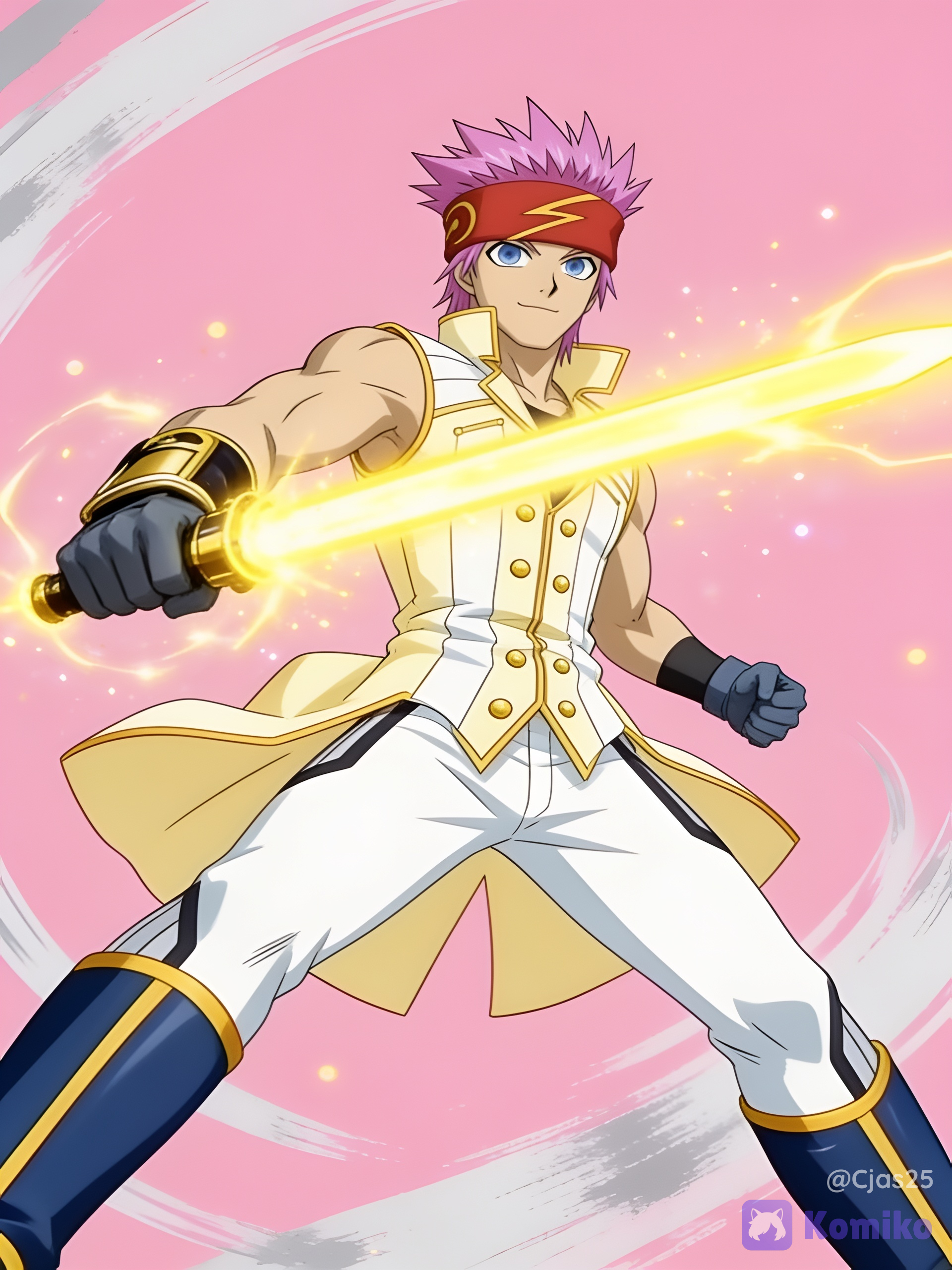 Light blue eyes, thin eyebrows, and a small, confident smile, vibrant pink hair, a thick, crimson-red headband with a yellow lightning bolt symbol in the center. Lean yet muscular, wearing a sleeveless, high-collared white vest with gold lining, gold buttons, and a flared coattail, fitted white trousers tucked into knee-high, dark blue boots with prominent gold trim, a single dark gray gauntlet-style glove on his right hand, a gold-and-black wrist gauntlet that is projecting a bright, yellow light or plasma sword similar to reference 4, pink background with light grey ink strokes, cool aesthetic, badass, dynamic pose, low dramatic angle, ultra HD 8k quality, cinematic lighting, glowing particles surrounding body