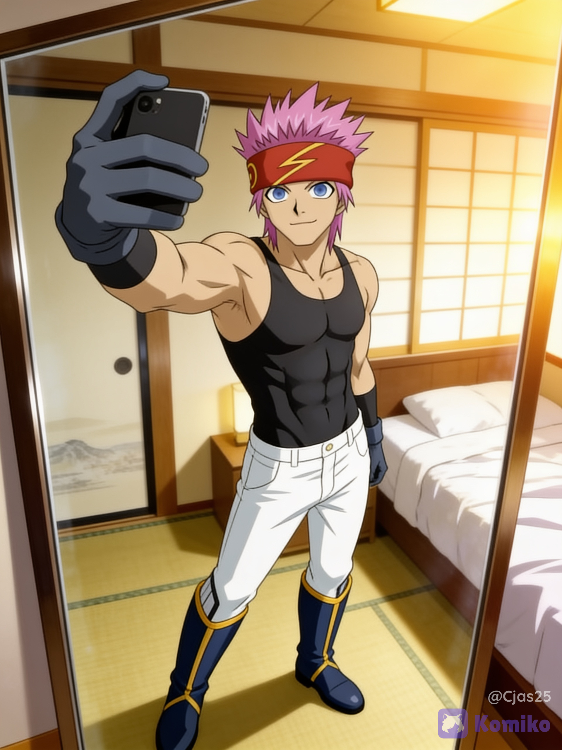 Light blue eyes, thin eyebrows, and a small, confident smile, vibrant pink hair, a thick, crimson-red headband with a yellow lightning bolt symbol in the center. Lean yet muscular, wearing black compressed tank top, fitted white trousers tucked into knee-high, dark blue boots with prominent gold trim, a single dark gray gauntlet-style glove on his right hand, in a Japanese style bedroom taking a mirror selfie, soft aesthetic, dynamic pose, low dramatic angle, ultra HD 8k quality, golden hour lighting