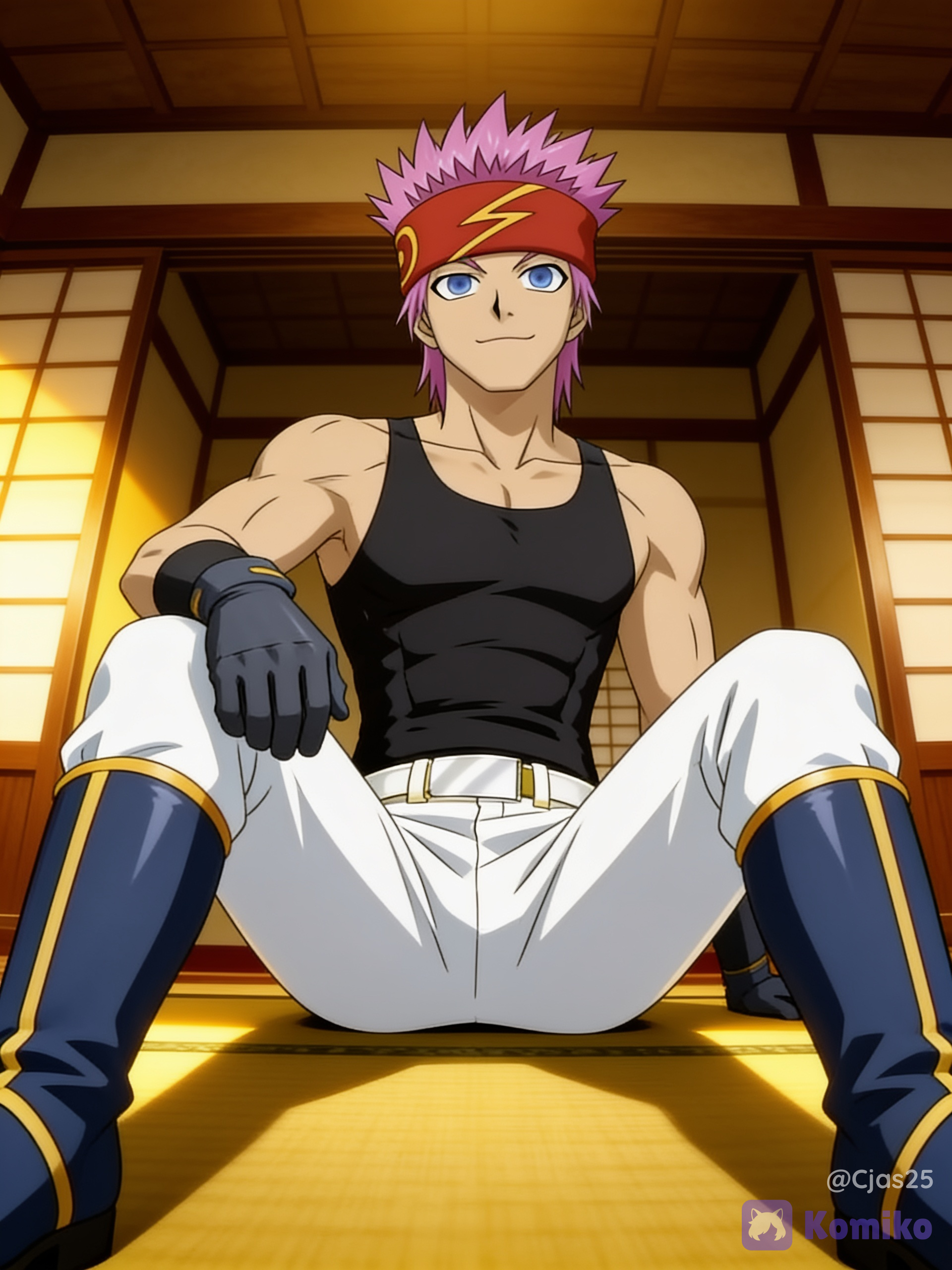 Light blue eyes, thin eyebrows, and a small, confident smile, vibrant pink hair, a thick, crimson-red headband with a yellow lightning bolt symbol in the center. Lean yet muscular, wearing black compressed tank top, fitted white trousers tucked into knee-high, dark blue boots with prominent gold trim, a single dark gray gauntlet-style glove on his right hand, in a Japanese style room, sitting down, soft aesthetic, sultry eyes, looking at the viewer, low dramatic angle, ultra HD 8k quality, golden hour lighting