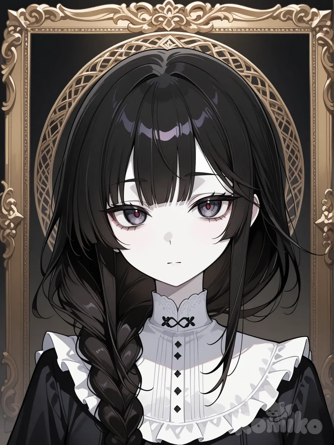 Cabelo longo, em um tom de preto escuro , geralmente preso em uma trança solta. O penteado inclui uma franja reta que cai logo abaixo das sobrancelhas e duas mechas laterais mais longas que emolduram o rosto, pele branca.