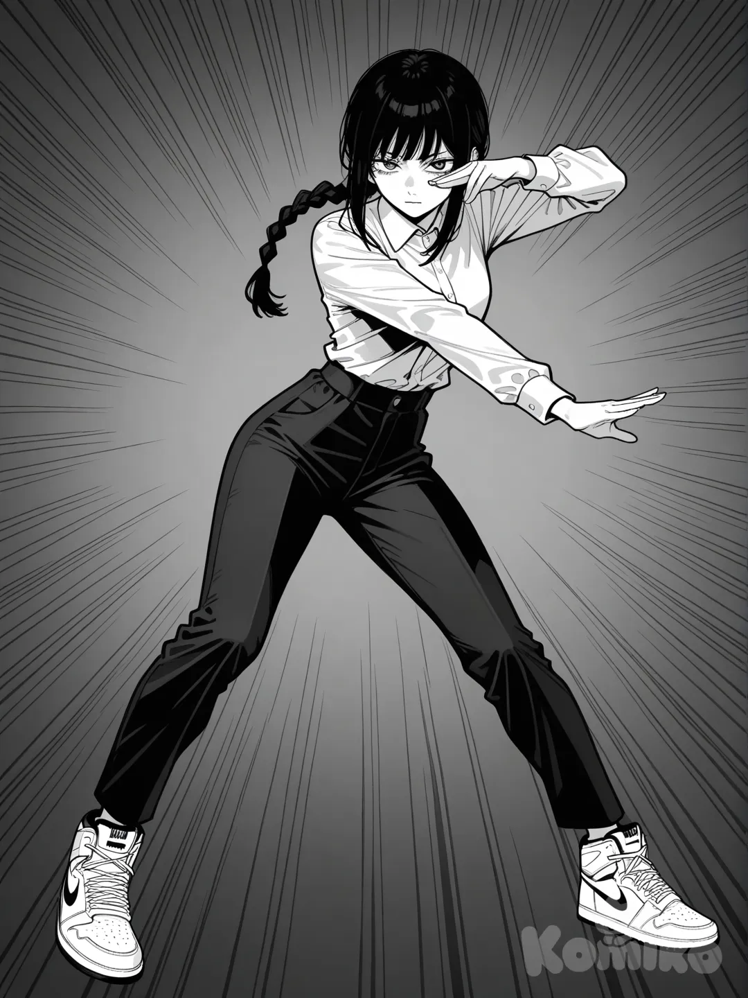 Cabelo longo, em um tom de preto escuro , geralmente preso em uma trança solta. O penteado inclui uma franja reta que cai logo abaixo das sobrancelhas e duas mechas laterais mais longas que emolduram o rosto, pele branca, usando uma camisa social branca e calça social preta longa, usando um tênis Jordan. Corpo todo. No estilo de arte de Chainsaw Man.