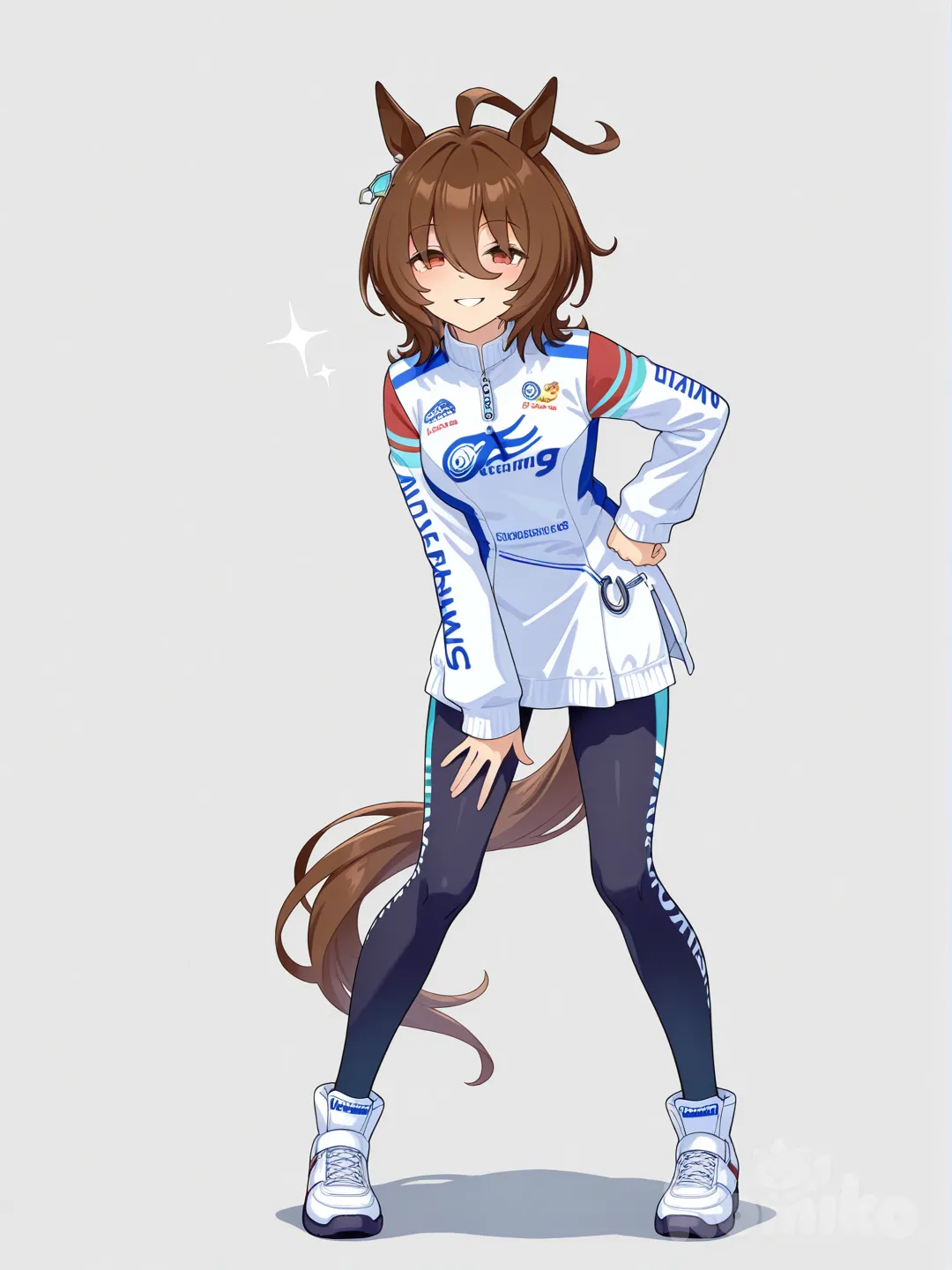 Cabeça da agnes tachyon (umamusume), uniforme de corrida da Toukai Trio (umamusume),corpo todo, sorrindo.