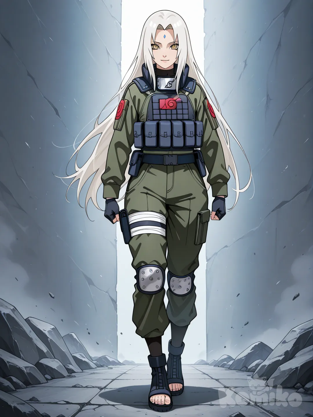 muito bela, alta, bonita, cabelo branco, um rosto belo e delicado e olhos amarelos, uniforme tático de jonin. Corpo todo. estilo de arte de naruto