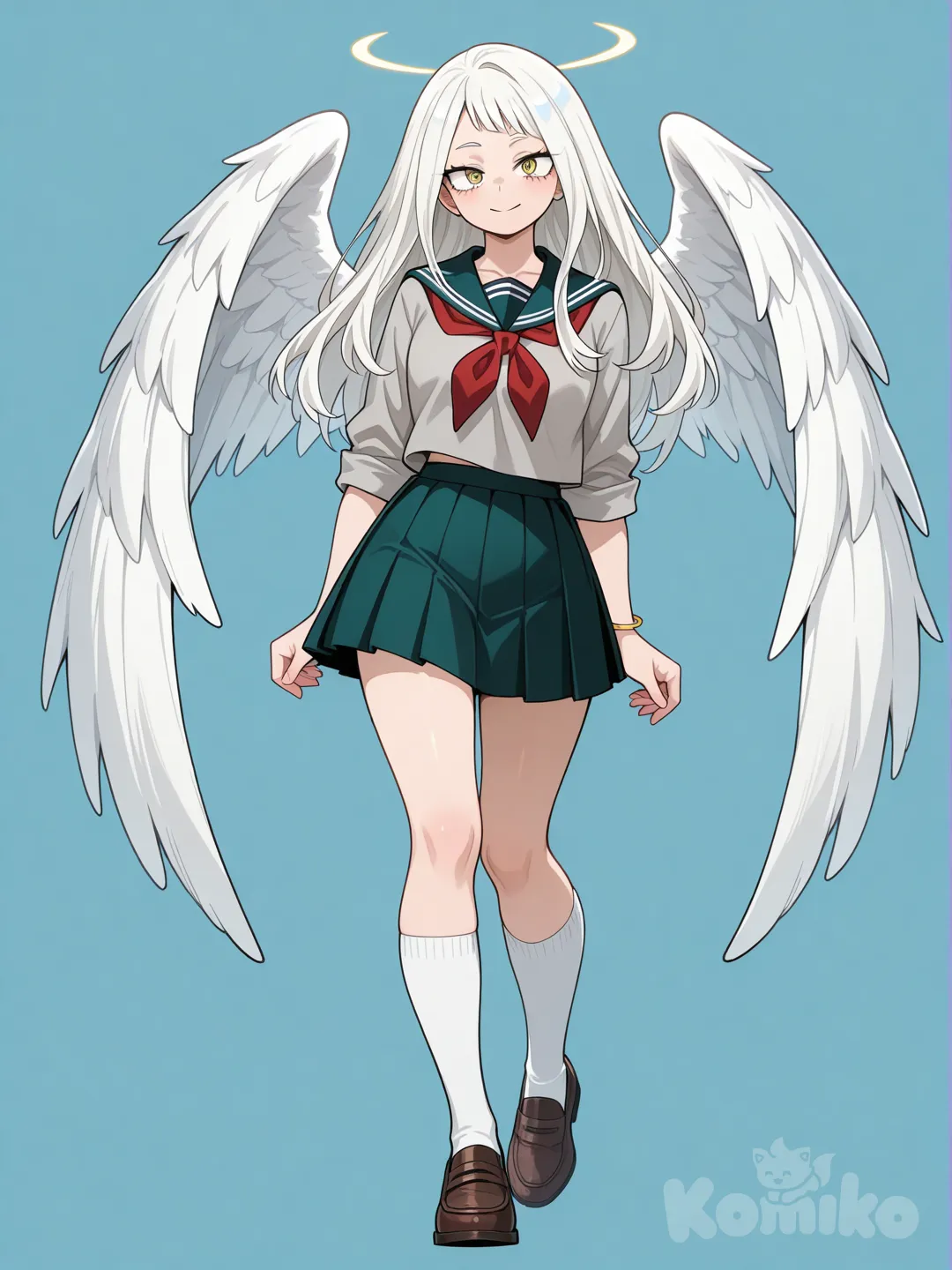 muito bela, alta, bonita, e tem asas brancas, cabelo branco, um rosto belo e delicado e olhos amarelos. Corpo todo. Uniforme escolar da Ua de Boku no hero. Estilo de arte de Boku no hero(anime)