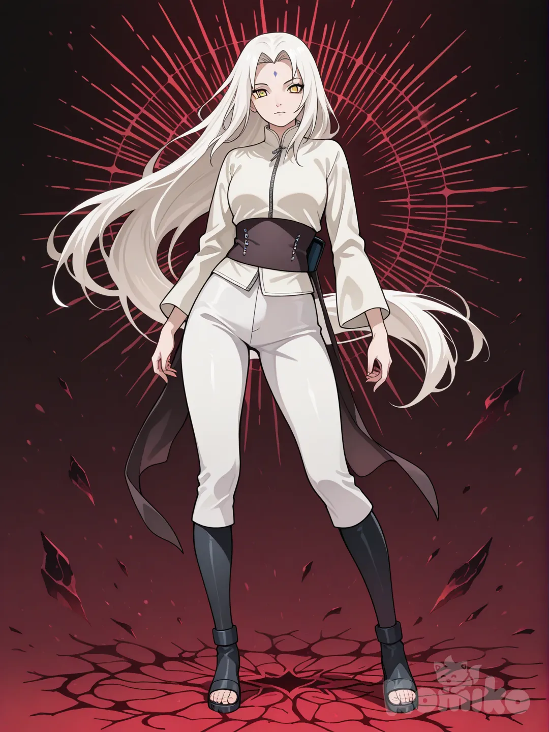 muito bela, alta, bonita, cabelo branco, um rosto belo e delicado e olhos amarelos. Corpo todo. estilo de arte de naruto