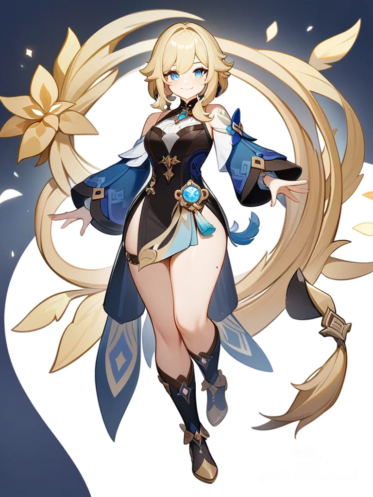 1girl, Genshin Impact style, original character in the world of Genshin Impact, mature, petite, curvy, blonde hair, blue eyes, freckles, dimple, tattoo, scar, single character, full body, looking at viewer, simple background, white background