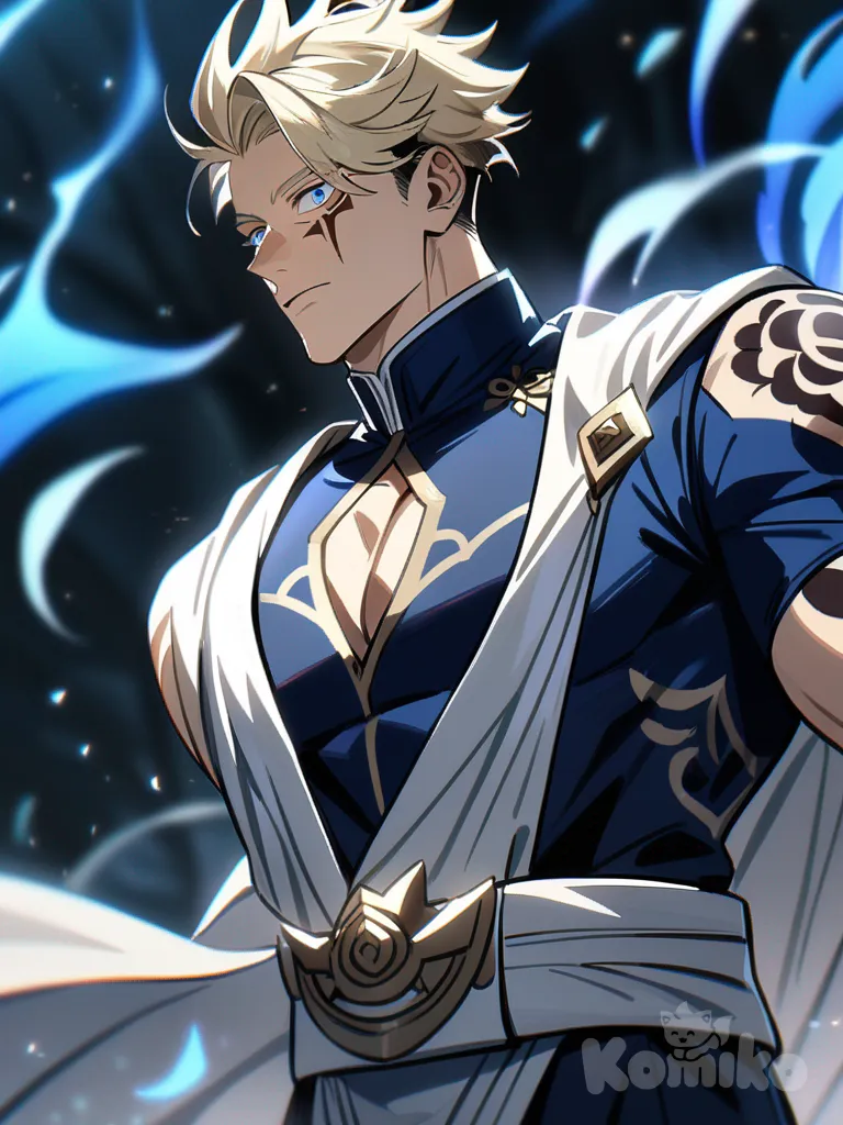 1boy, Genshin Impact, Jujutsu Kaisen, anime coloring, confident aura, strong build, long flowy blonde hair, enchanting blue eyes, charming freckles, dimple, intricate tattoo on arm, mysterious scar on cheek, elegant clothing, original character in the world of Jujutsu Kaisen, muscular, tall, athletic, mature, off-white hair, gray eyes, single character, full body, looking at viewer, anime style, simple background, white background