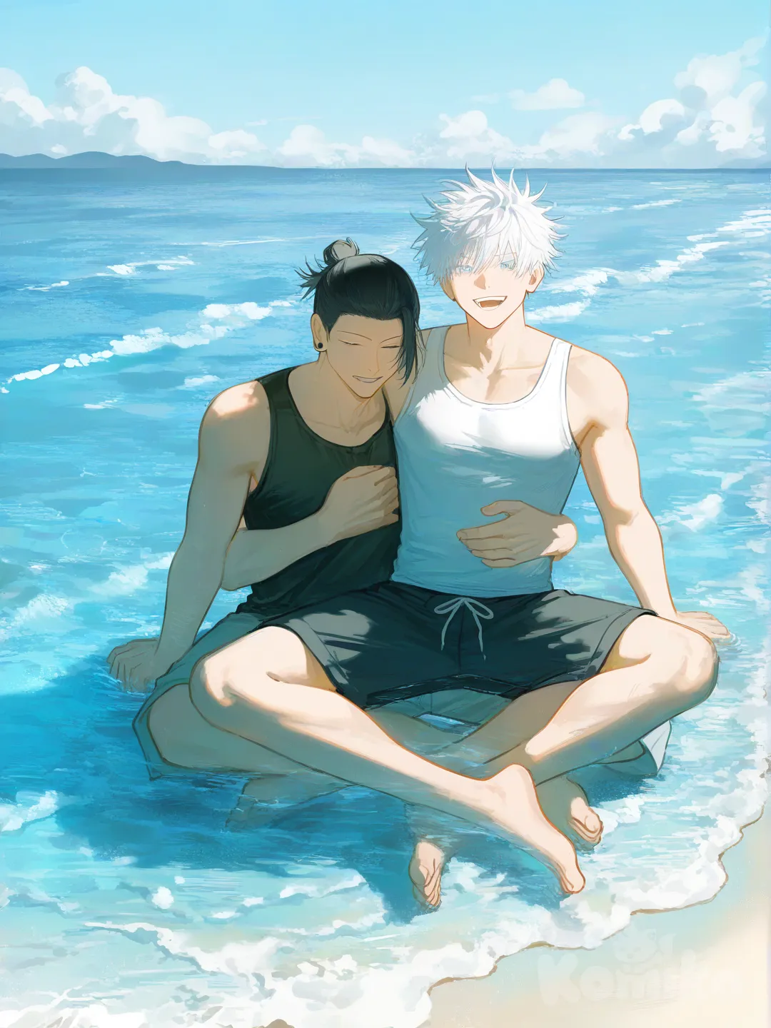 2girls, <obi-L1g7>, <nilo-nUeZ>, back to back, laughing, full body, cloud