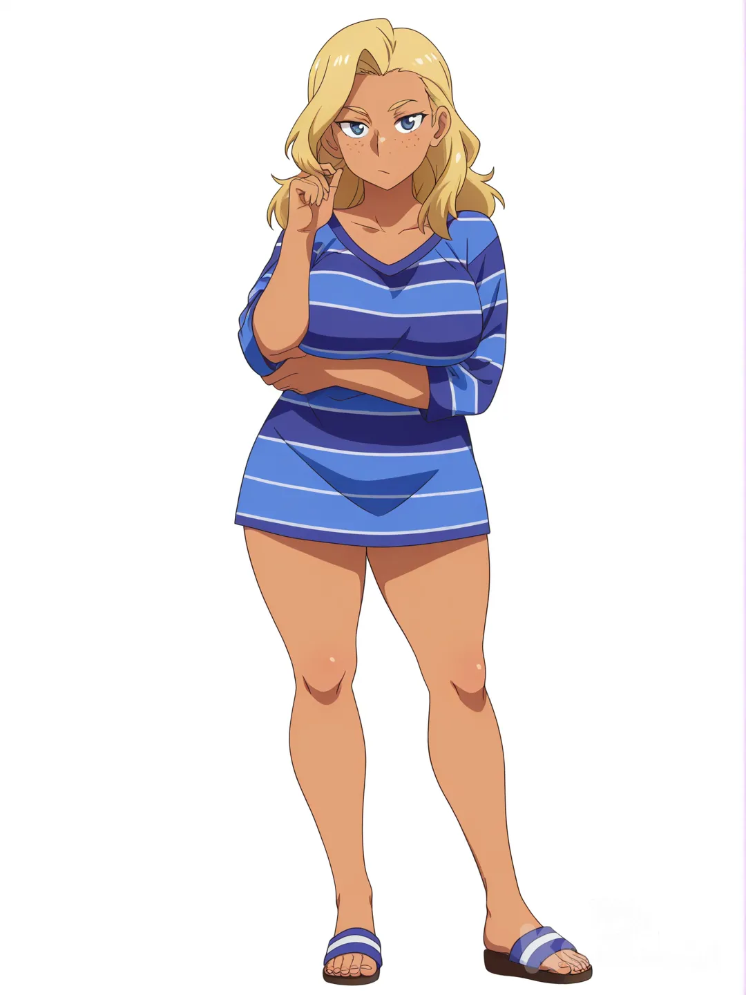 [pop-anime-style] 1girl, mature_female, short, blonde_hair, freckles, tanned_skin, striped_shirt, single character, full body, looking at viewer, simple background, white background