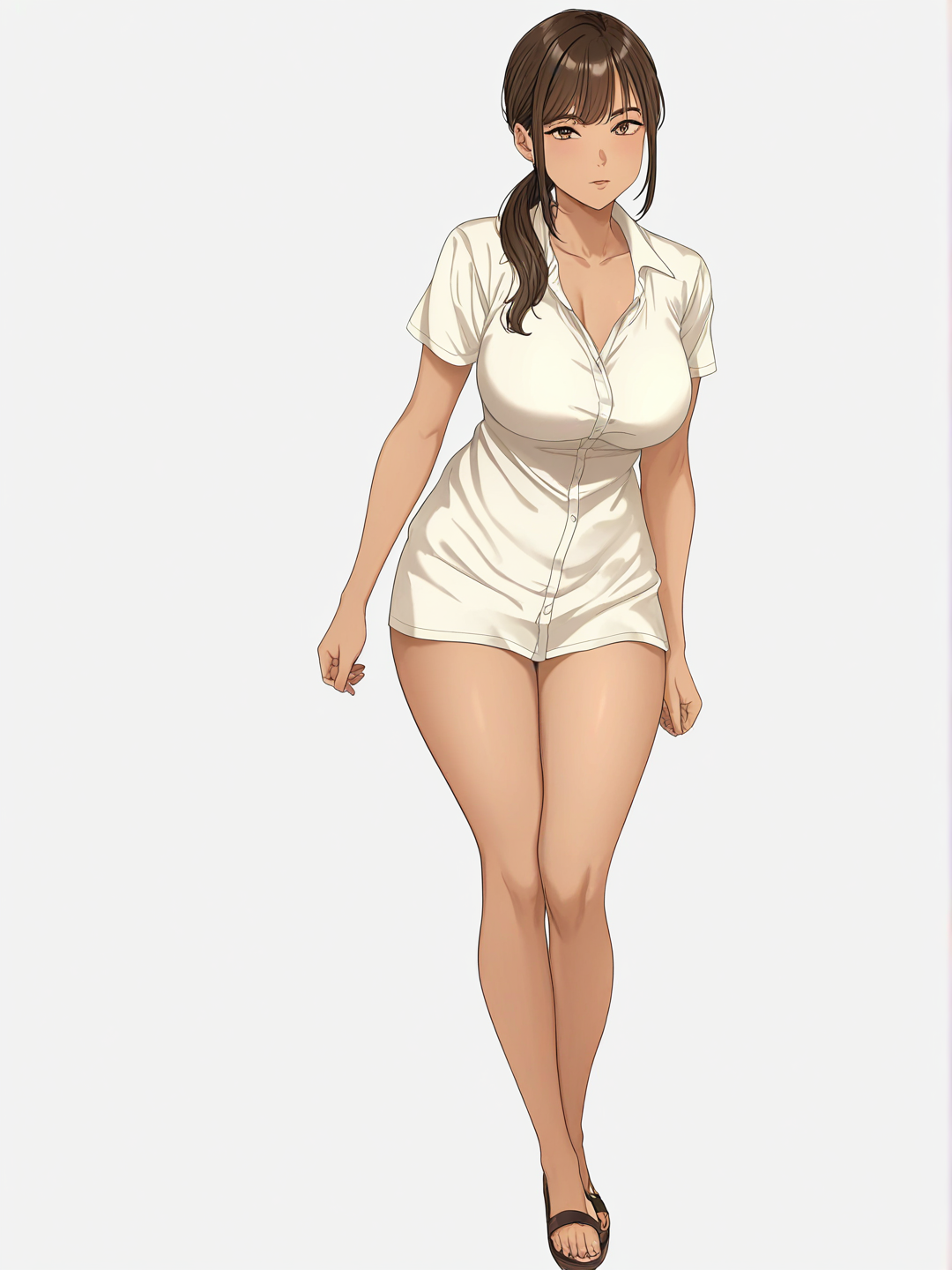 [bright-anime-style] 1girl, curvy, brown_hair, ponytail, brown_eyes, tan_skin, bohemian_shirt, realistic, 70 years old, single character, full body, looking at viewer, simple background, white background