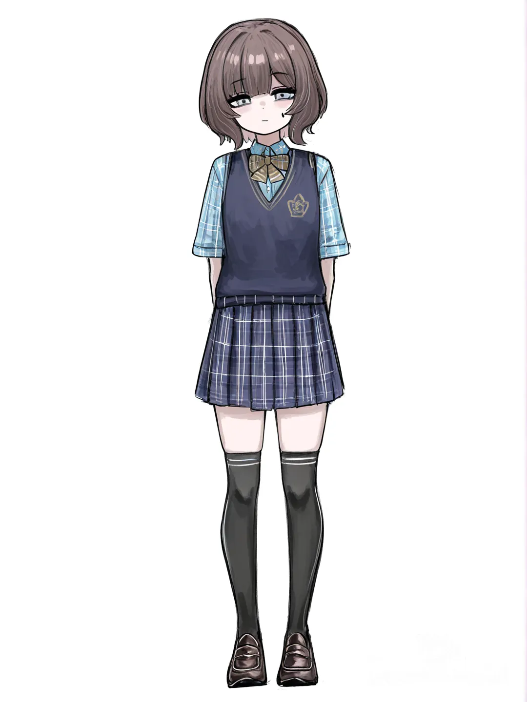 [sketchy-painterly-style] 1girl, genshin impact style, teenager, petite, short hair, brown hair, grey eyes, olive skin, school uniform, school vest, plaid shirt, knee-high socks, single character, full body, looking at viewer, simple background, white background
