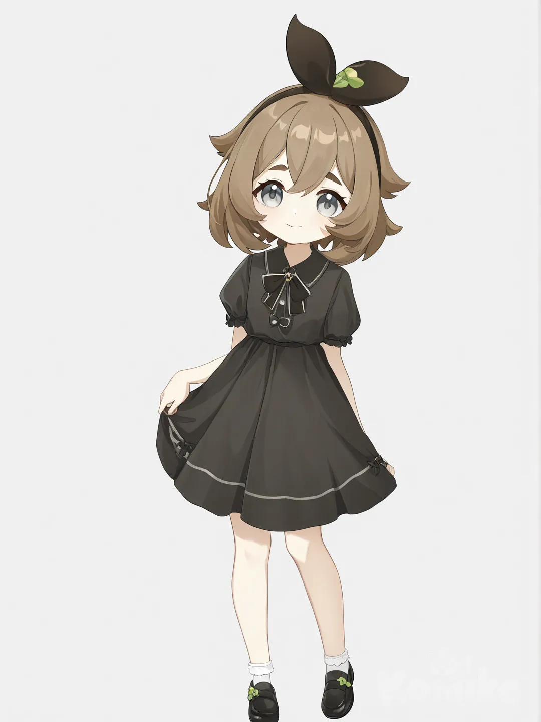 [bright-anime-style] 1girl, genshin impact style, teen, short hair, bangs, brown hair, grey eyes, olive skin, little black dress, ruffles, bow, headband, single character, full body, looking at viewer, simple background, white background