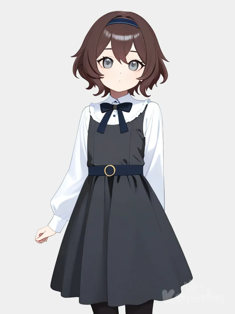 1girl, genshin impact style, teen, short hair, bangs, brown hair, grey eyes, olive skin, little black dress, ruffles, bow, headband, single character, full body, looking at viewer, simple background, white background