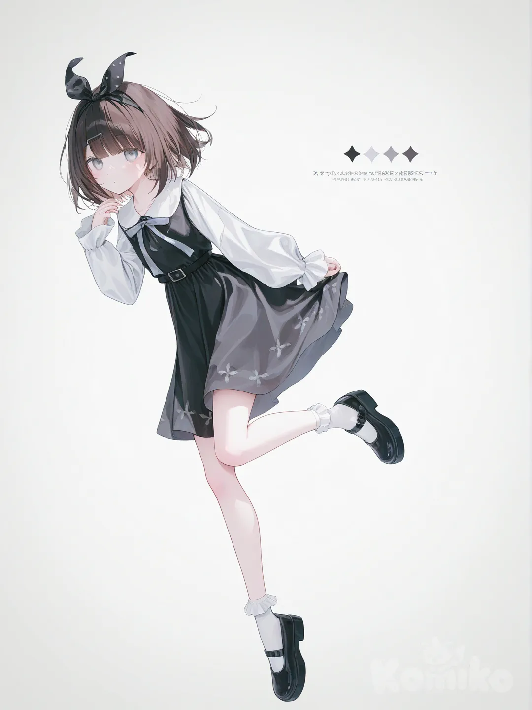 [soft-pastel-style] 1girl, genshin impact style, teen, short hair, bangs, brown hair, grey eyes, olive skin, little black dress, ruffles, bow, headband, single character, full body, looking at viewer, simple background, white background