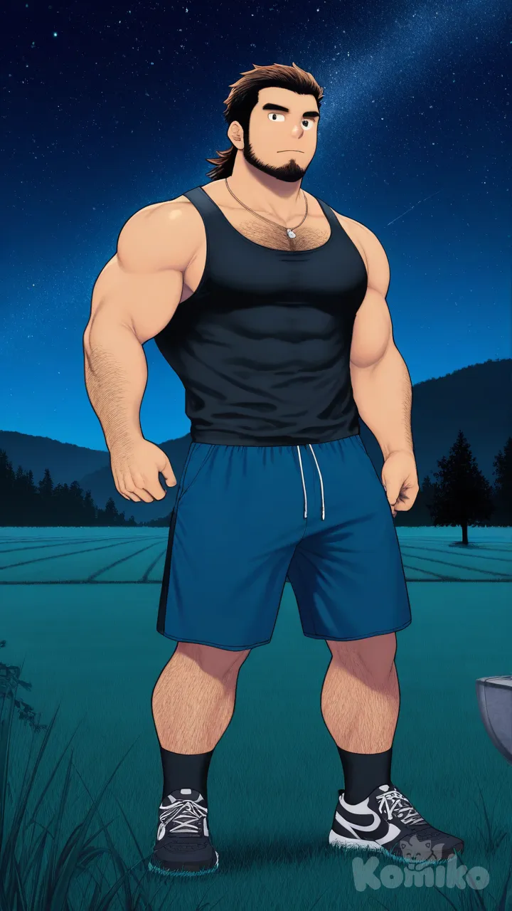 muscular, erotic, gay, hairy, mature male, hunk, bodybuilder, abs, beard, masculine, bara, bulging muscles, thick thighs, broad shoulders, strong, dominant, virile, mature, rugged, body hair, beefy, macho, manly, toned, powerful, well-built, brawny, ripped, shredded, chiseled, defined, athletic, fit, handsome, attractive, tsukudani (coke-buta), lineart, anime coloring, full body, necklace, mullet, slicked-back hair, starry sky, field, black tank top, night, tuxedo